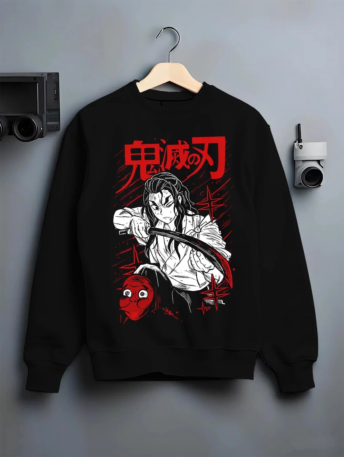 Black crewneck sweatshirt on hanger with Slayer Group Hoodie Demon Slayer Corps Hashira Anime graphic streetwear graphic.