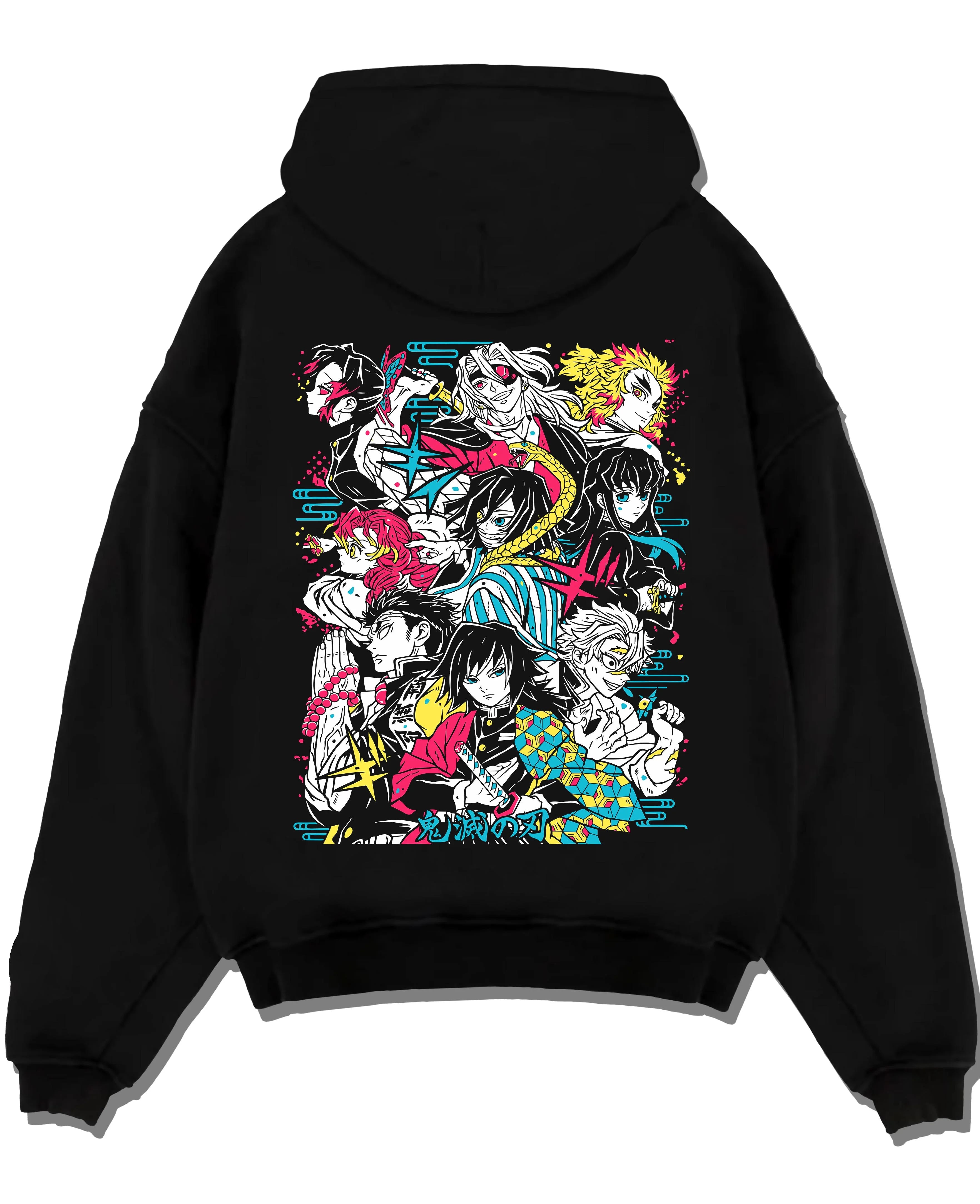 Black pullover hoodie laid flat with Tanjiro Group Hoodie Demon Slayer Anime Water Hashira graphic bold anime graphic.