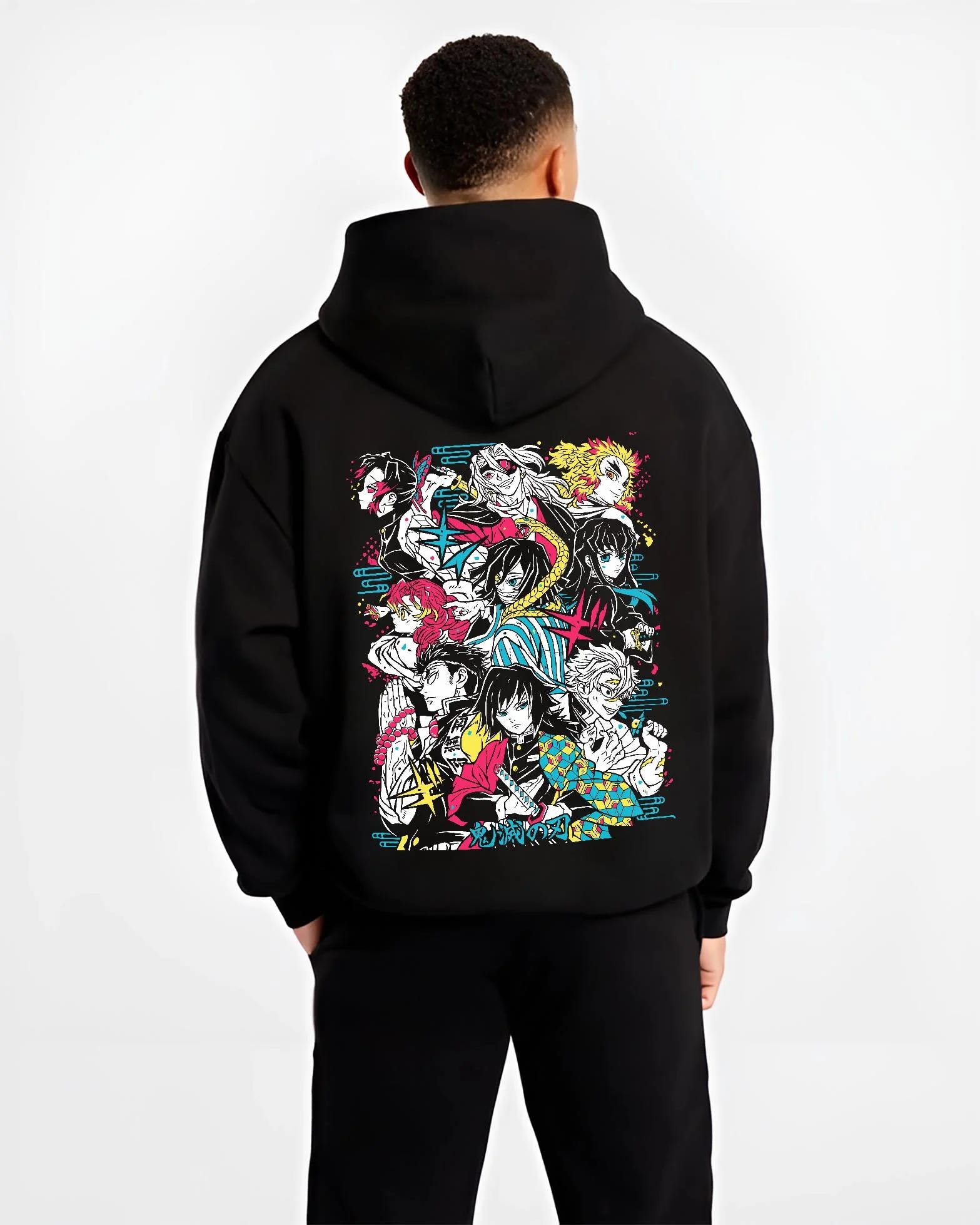 Black hoodie worn by male model, back view with Tanjiro Group Hoodie Demon Slayer Anime Water Hashira graphic bold anime graphic.