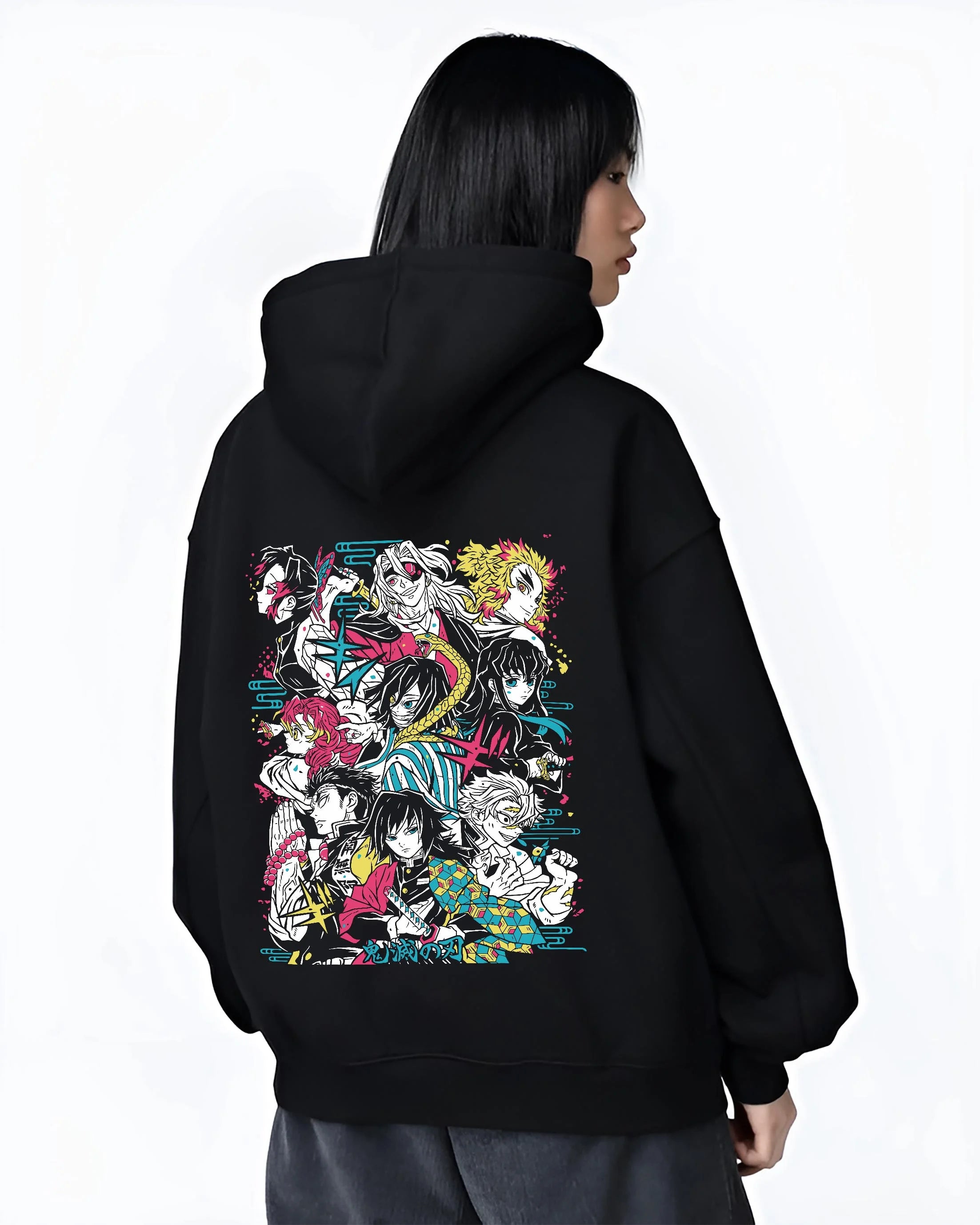Black hoodie worn by female model, back view with Tanjiro Group Hoodie Demon Slayer Anime Water Hashira graphic bold anime graphic.