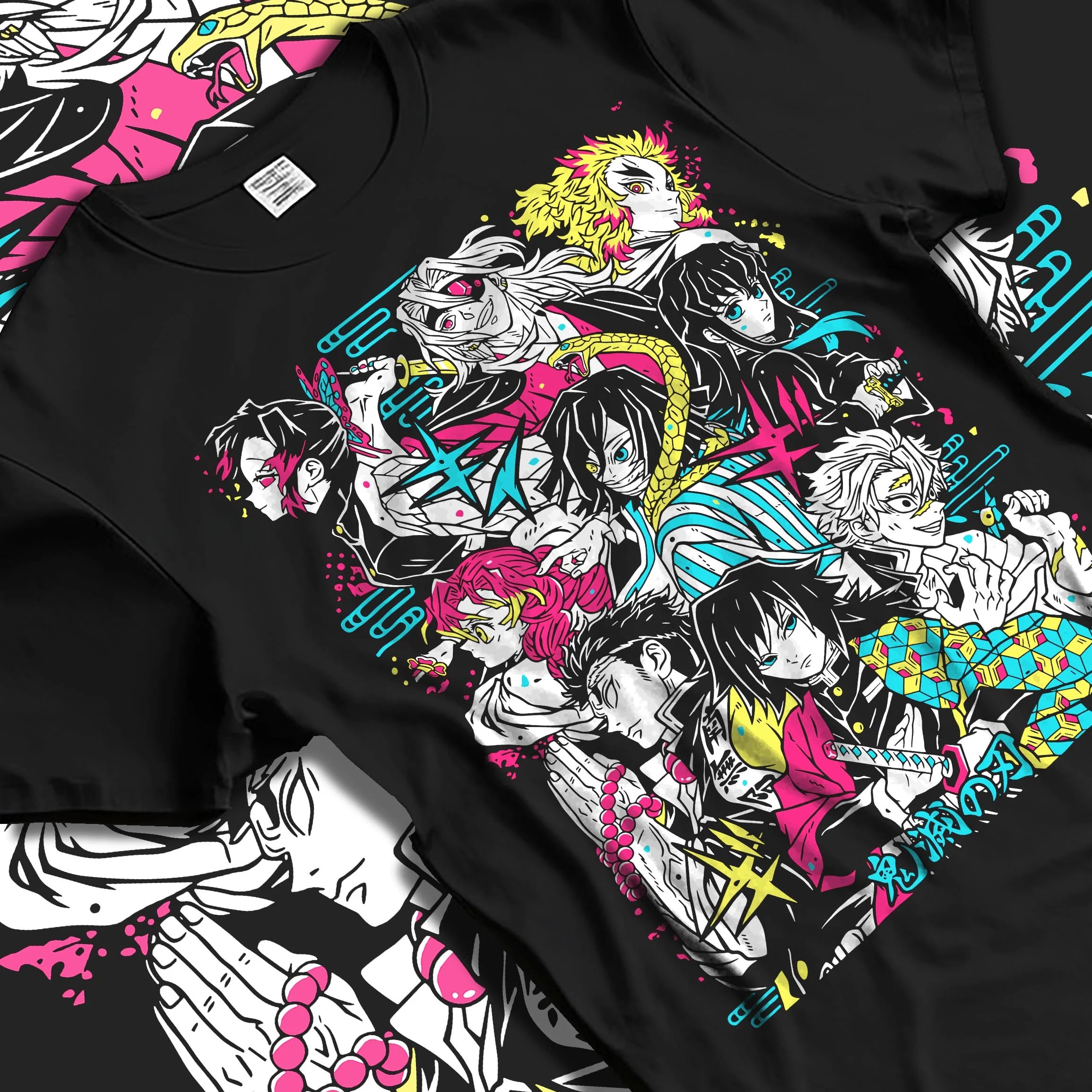 Black T-shirt laid flat with natural folds with Tanjiro Group Hoodie Demon Slayer Anime Water Hashira graphic premium wear.