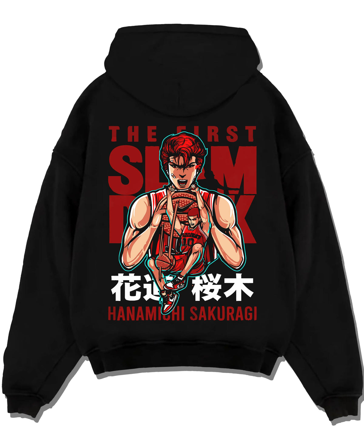 Black hoodie laid flat featuring Hanamichi Sakuragi Shohoku basketball Slam Dunk artwork.