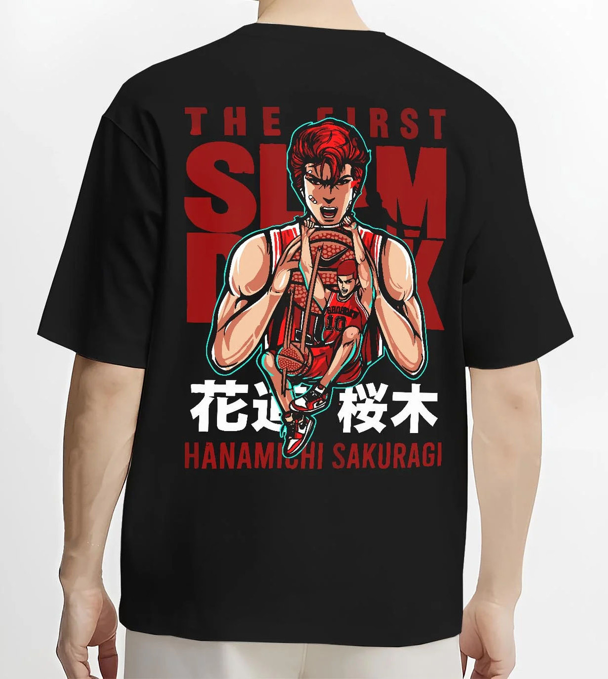 Black T-shirt worn by male model from the back featuring Hanamichi Sakuragi Shohoku basketball Slam Dunk artwork.