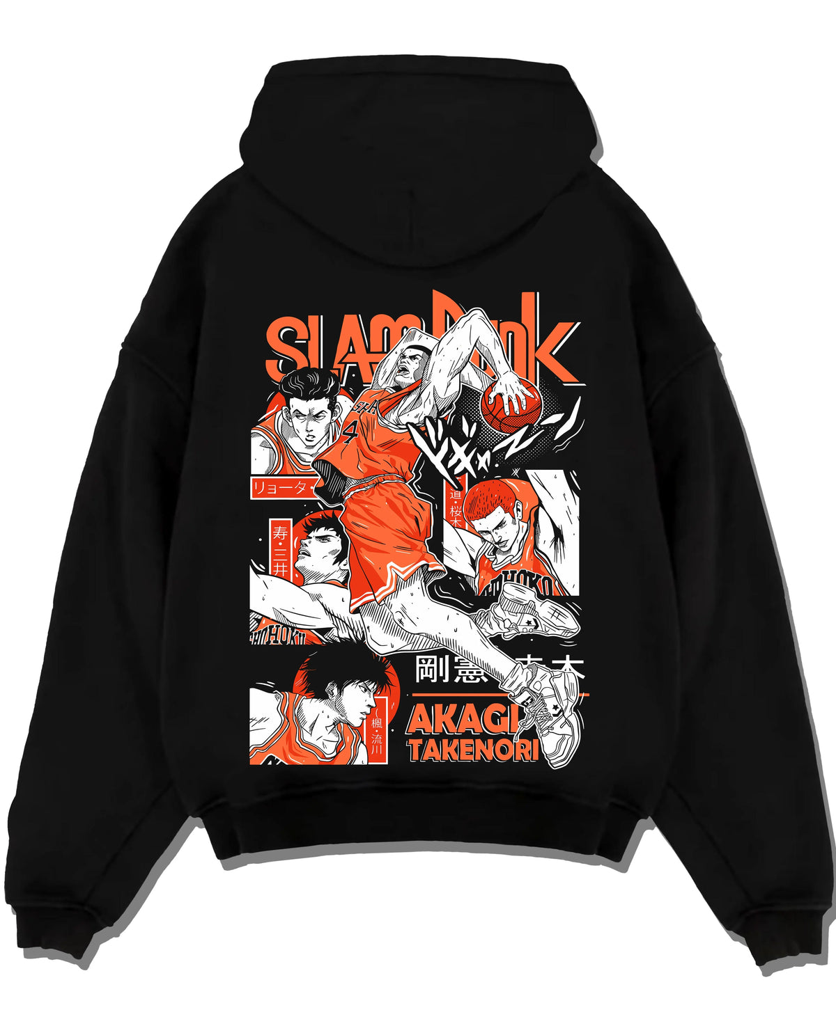Black hoodie laid flat featuring Takenori Akagi Shohoku captain Slam Dunk artwork.