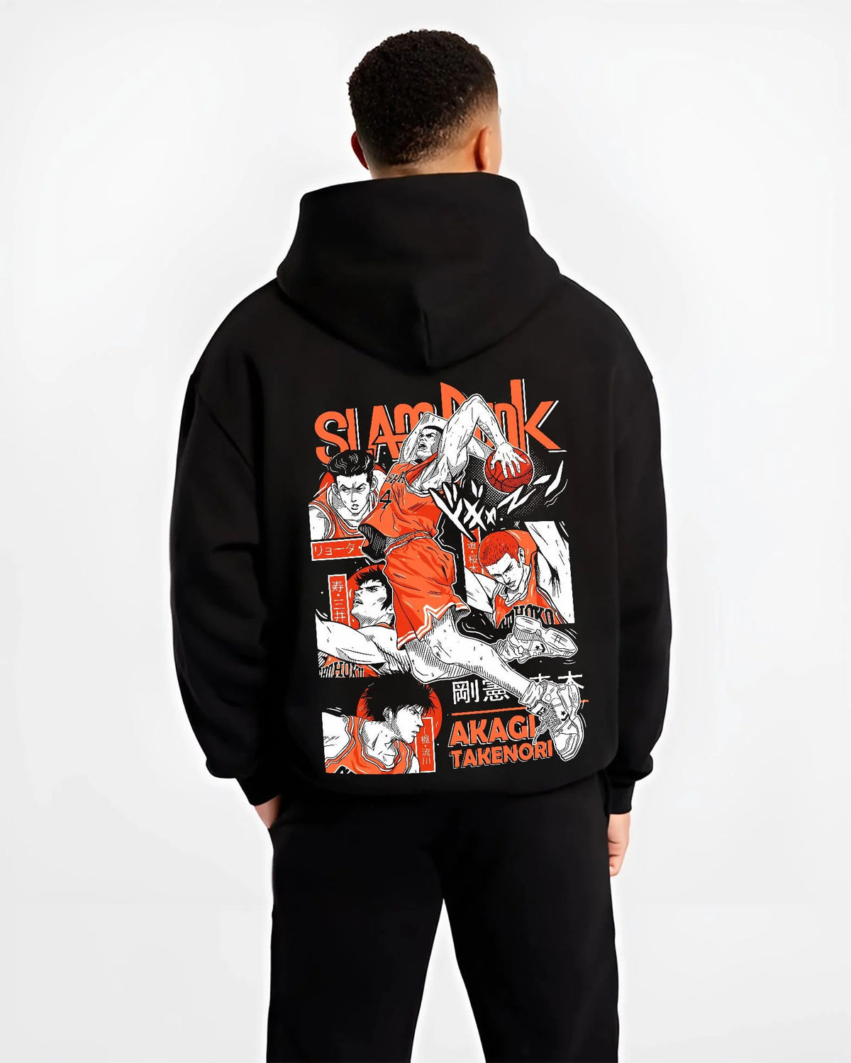 Black hoodie worn by male model from the back featuring Takenori Akagi Shohoku captain Slam Dunk artwork.