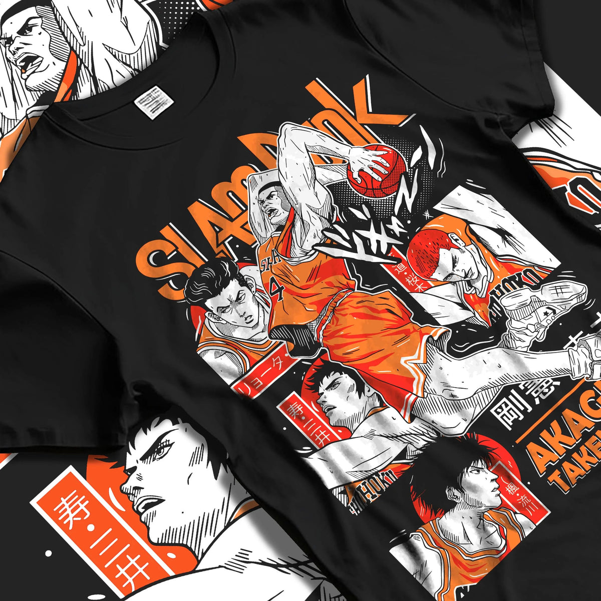 Black T-shirt laid flat with natural folds featuring Takenori Akagi Shohoku captain Slam Dunk artwork.