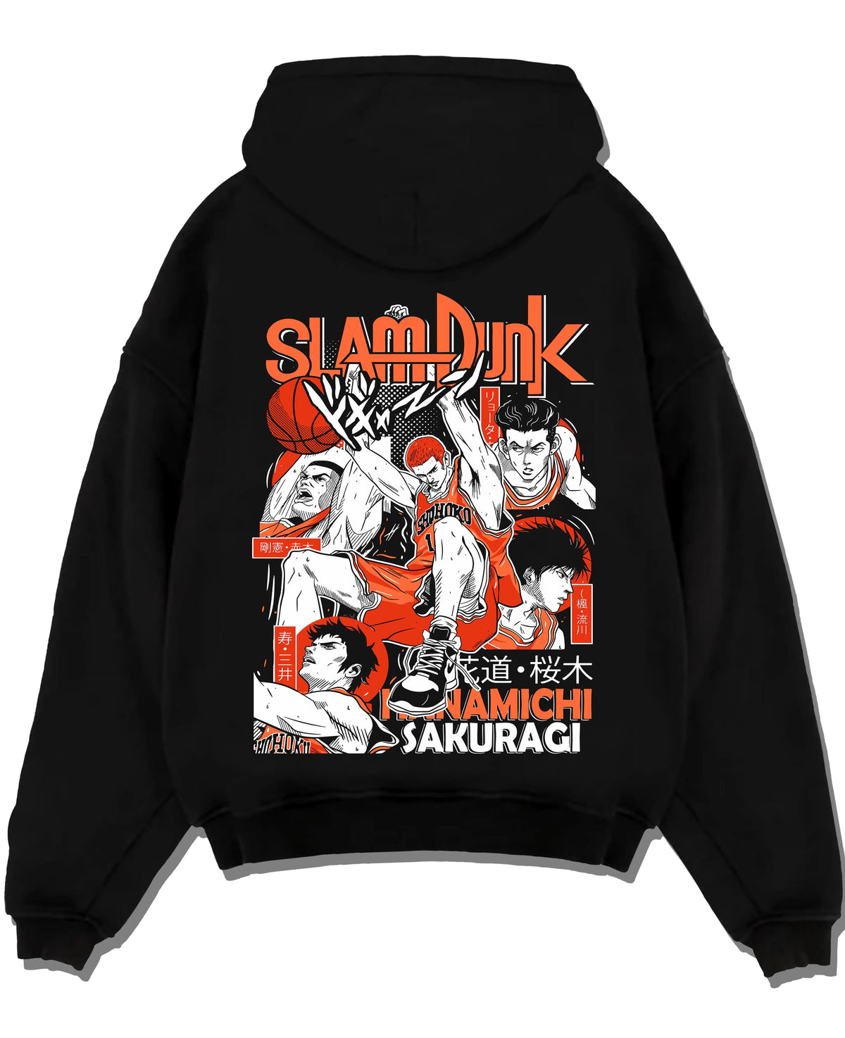 Black hoodie laid flat featuring Hanamichi Sakuragi rebound basketball Slam Dunk artwork.