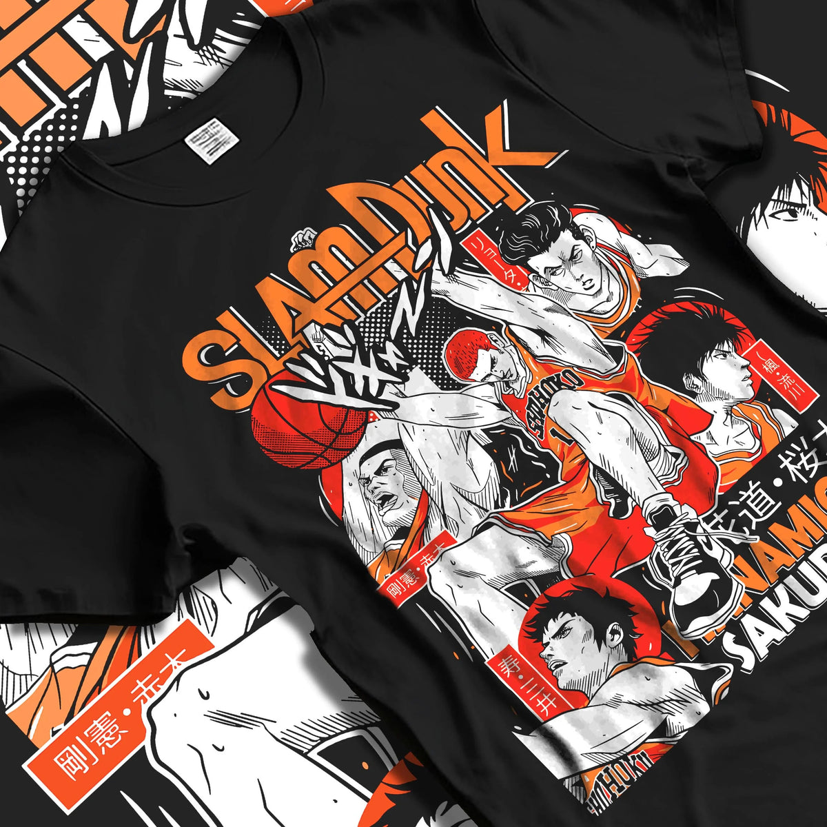 Black T-shirt laid flat with natural folds featuring Hanamichi Sakuragi rebound basketball Slam Dunk artwork.