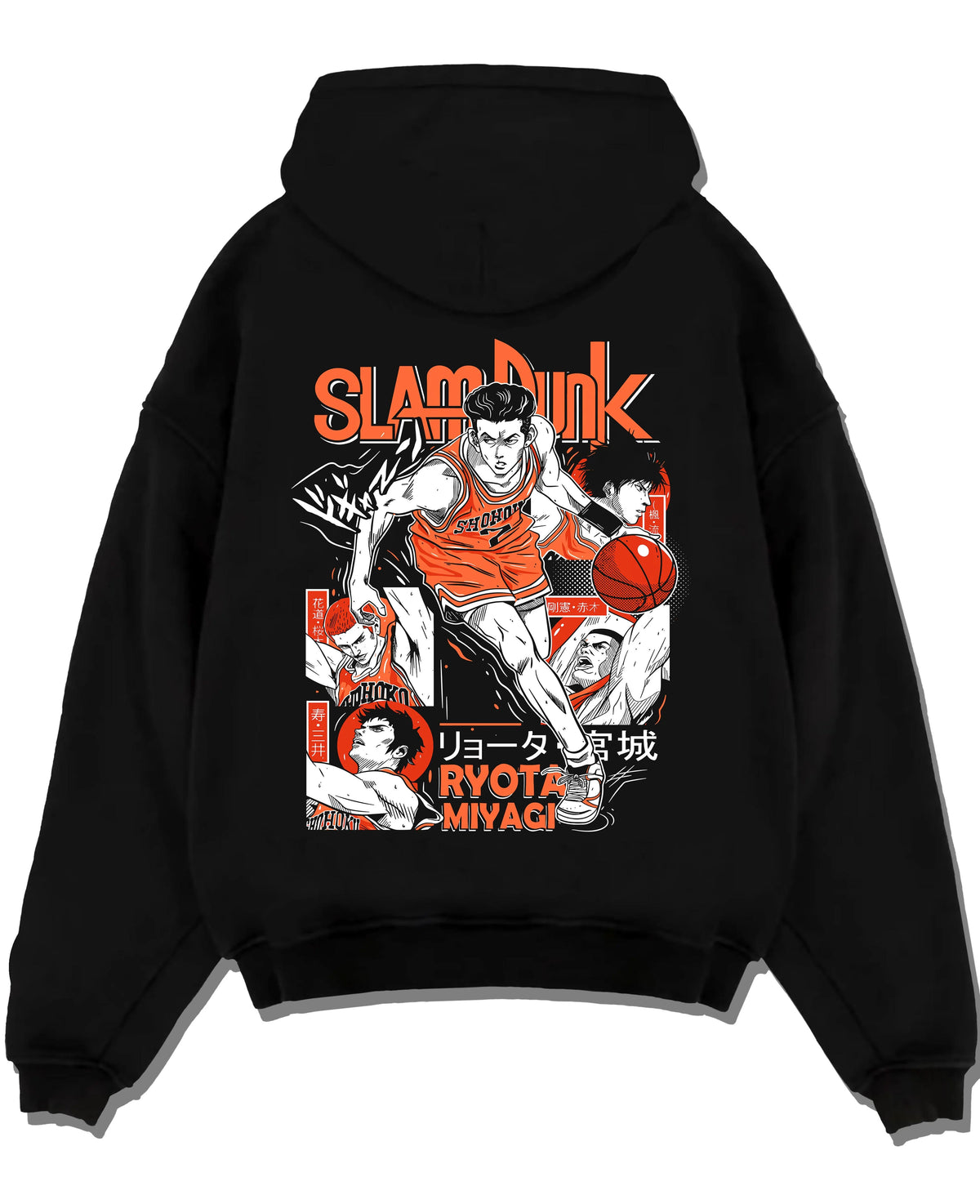 Black hoodie laid flat featuring Ryota Miyagi point guard Slam Dunk artwork.