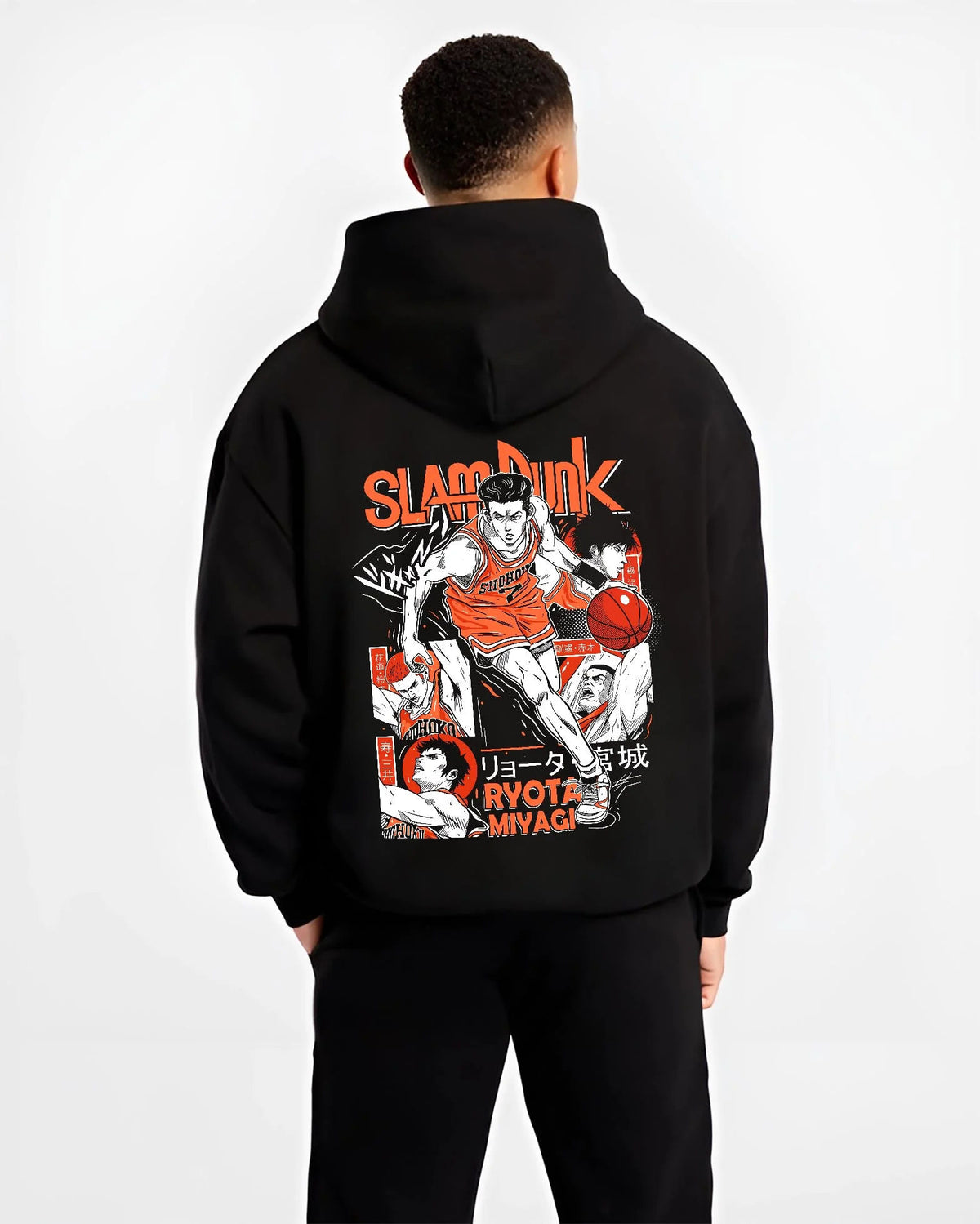 Black hoodie worn by male model from the back featuring Ryota Miyagi point guard Slam Dunk artwork.
