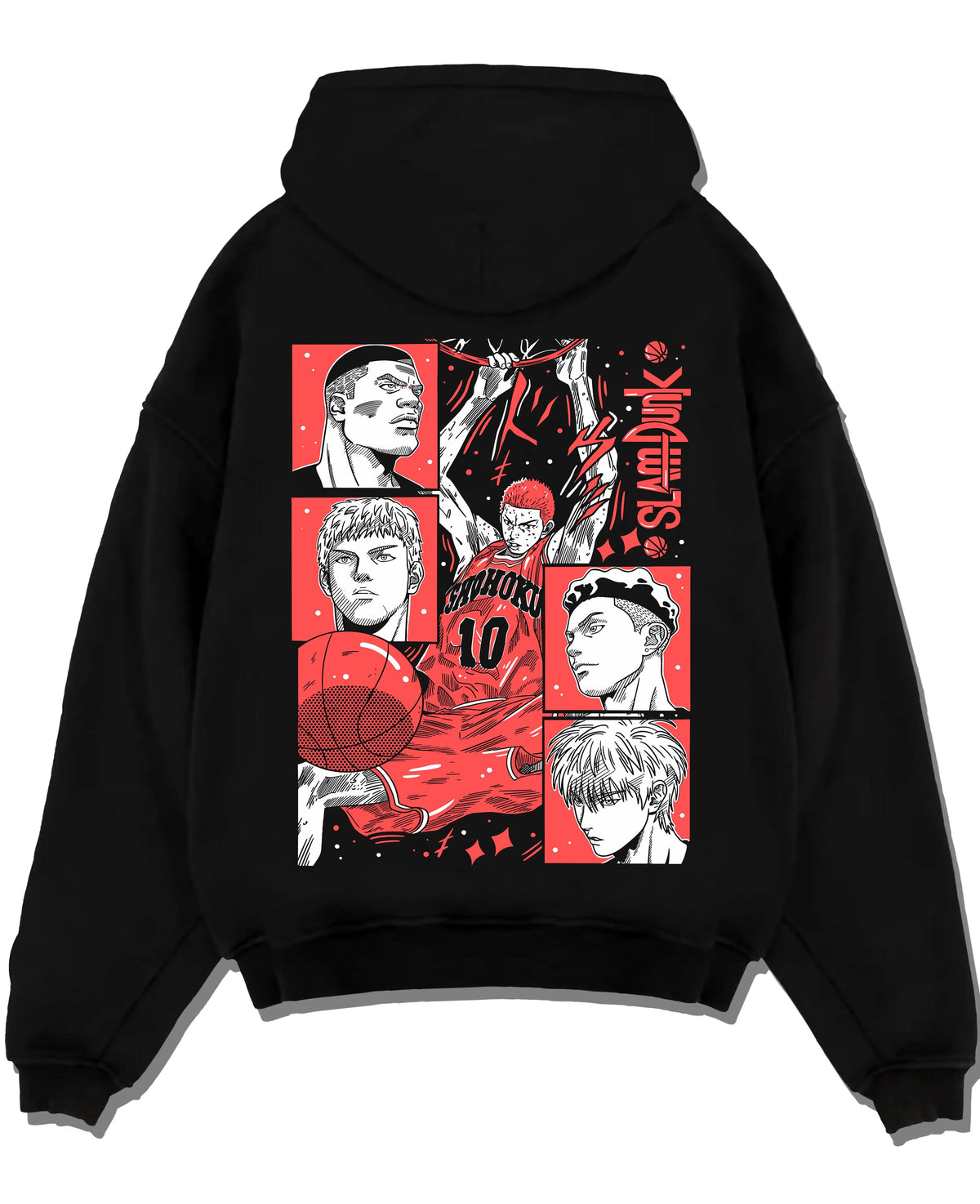 Black hoodie laid flat featuring Shohoku basketball team Slam Dunk artwork.