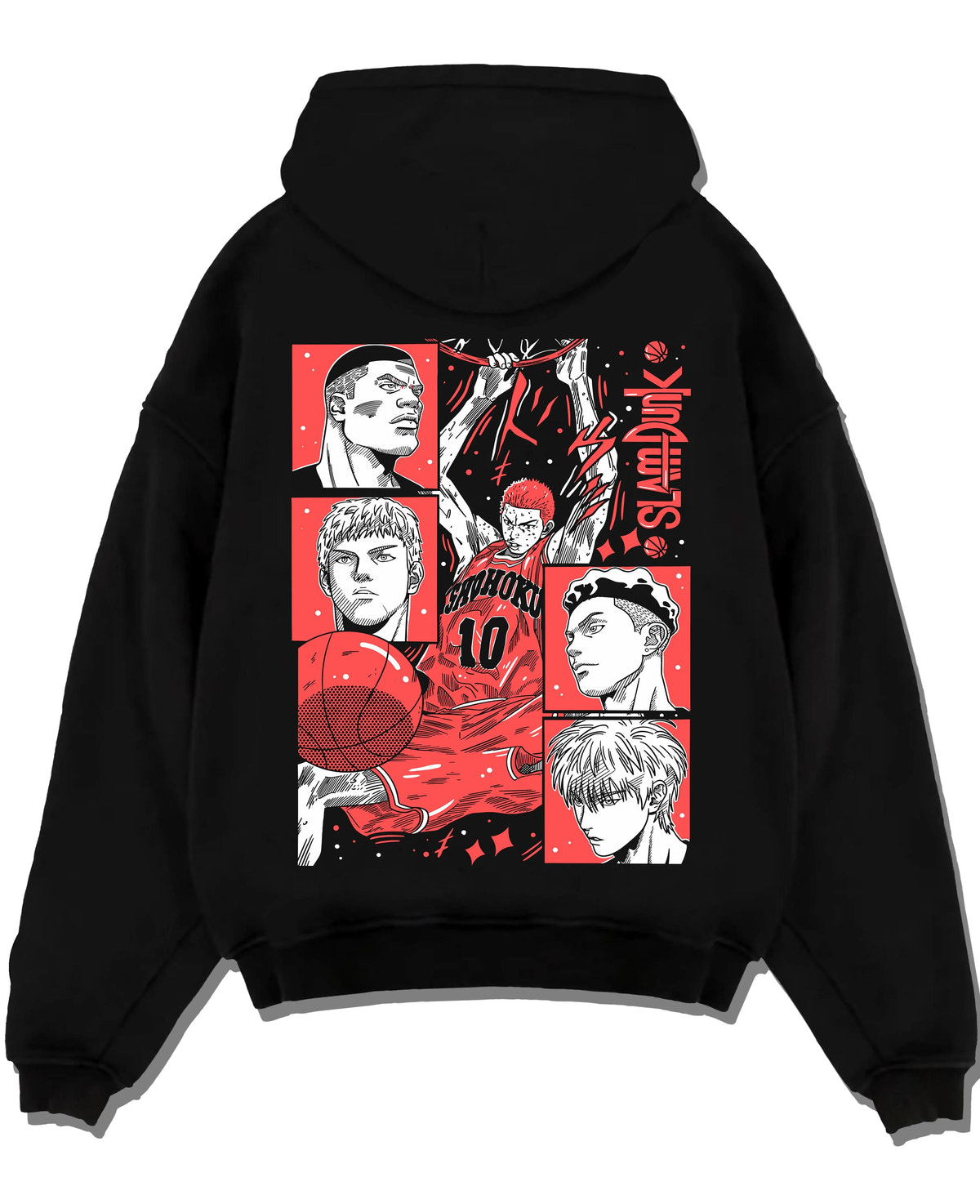 Black hoodie laid flat featuring Shohoku basketball team Slam Dunk artwork.