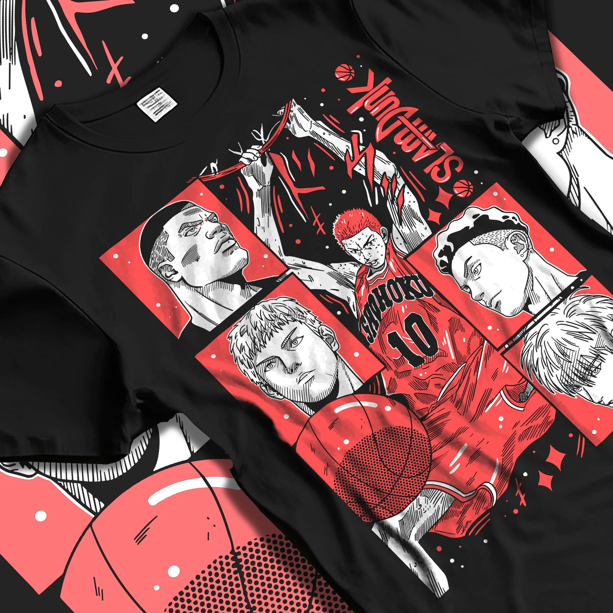 Black T-shirt laid flat with natural folds featuring Shohoku basketball team Slam Dunk artwork.