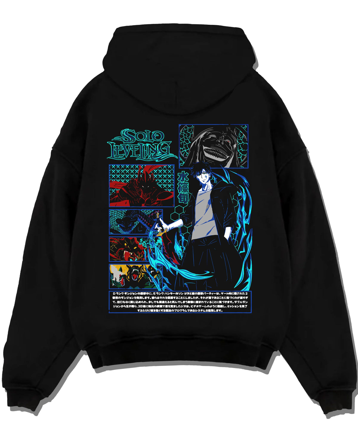 Black hoodie laid flat featuring Sung Jin-Woo ice shadow battle Solo Leveling artwork.
