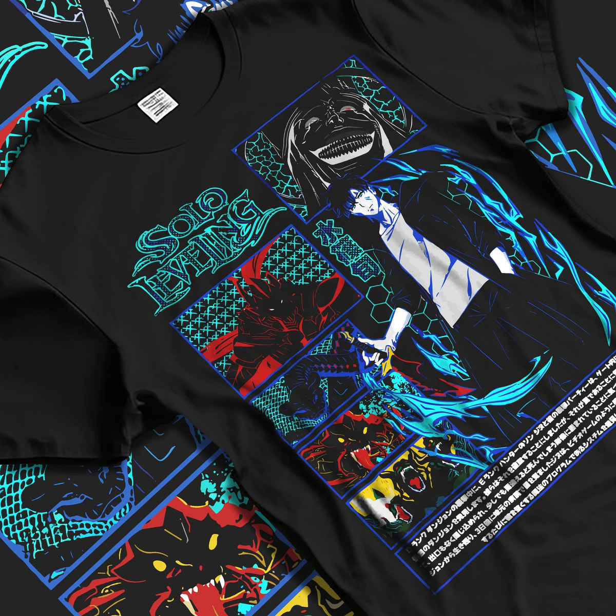 Black T-shirt laid flat with natural folds featuring Sung Jin-Woo ice shadow battle Solo Leveling artwork.