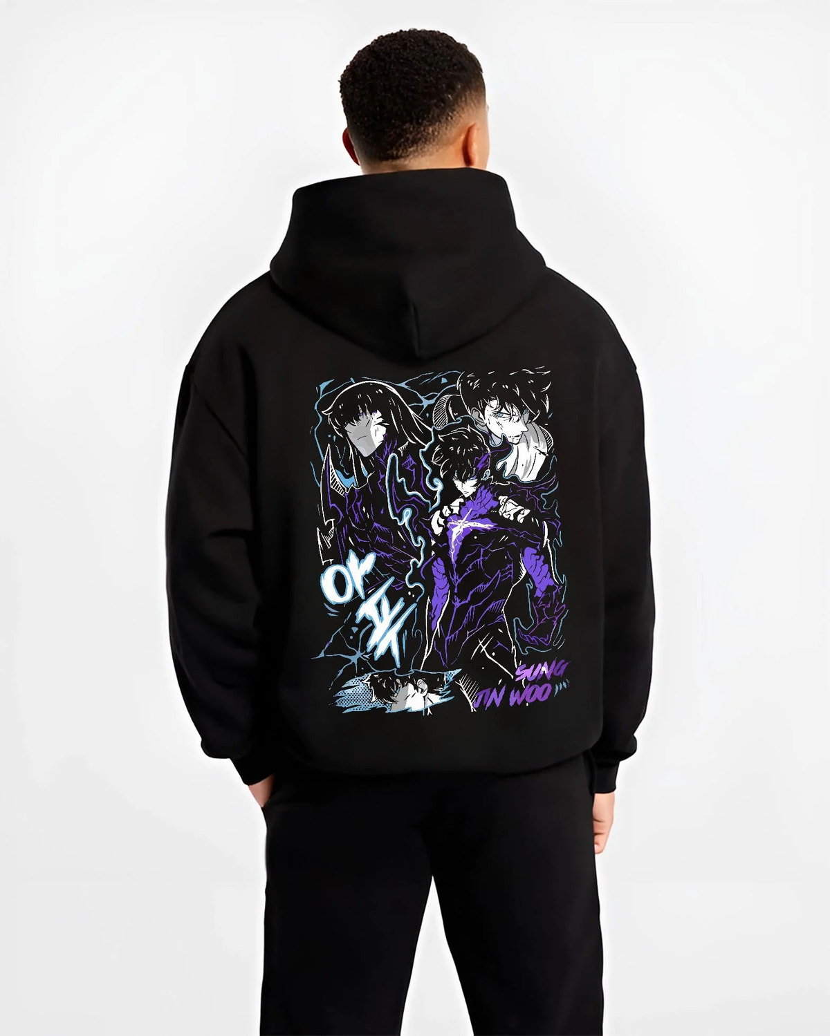 Black hoodie worn by male model from the back featuring Sung Jin-Woo shadow dragon battle Solo Leveling artwork.