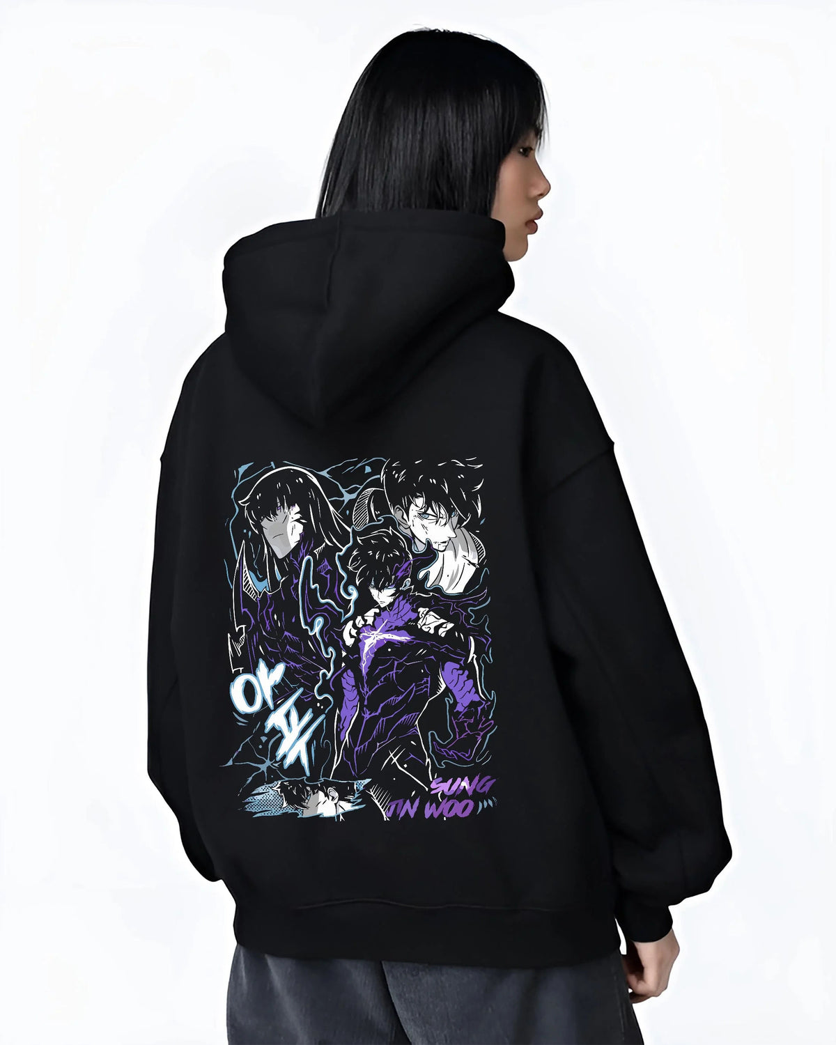 Black hoodie worn by female model from the back featuring Sung Jin-Woo shadow dragon battle Solo Leveling artwork.