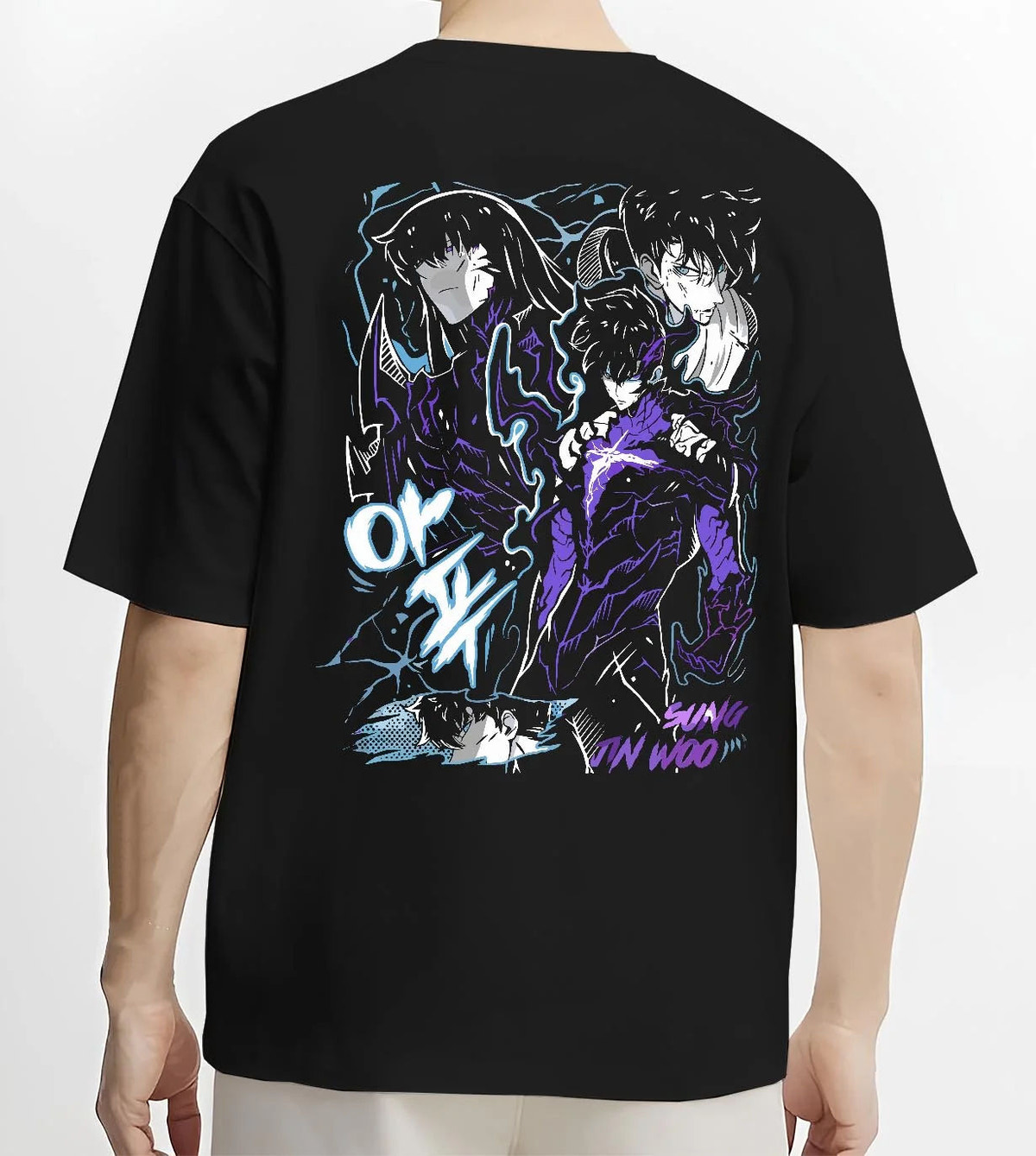 Black T-shirt worn by male model from the back featuring Sung Jin-Woo shadow dragon battle Solo Leveling artwork.