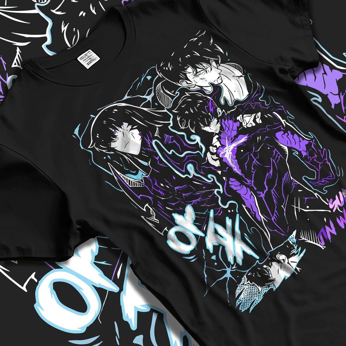 Black T-shirt laid flat with natural folds featuring Sung Jin-Woo shadow dragon battle Solo Leveling artwork.