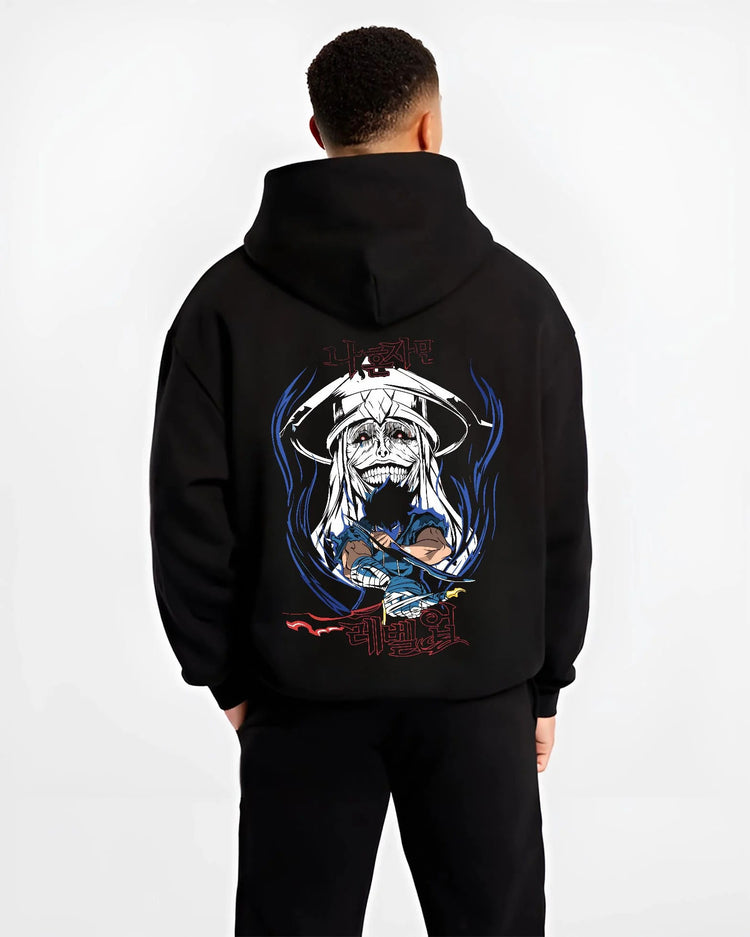 Black hoodie worn by male model from the back featuring Baruka Ice Elf Warlord dagger battle Solo Leveling artwork.