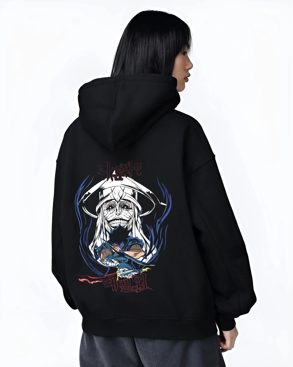 Black hoodie worn by female model from the back featuring Baruka Ice Elf Warlord dagger battle Solo Leveling artwork.