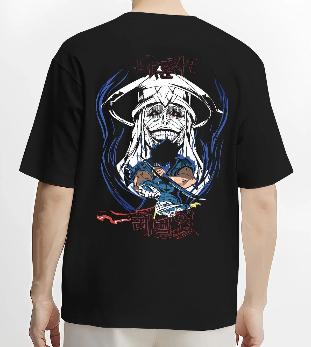 Black T-shirt worn by male model from the back featuring Baruka Ice Elf Warlord dagger battle Solo Leveling artwork.