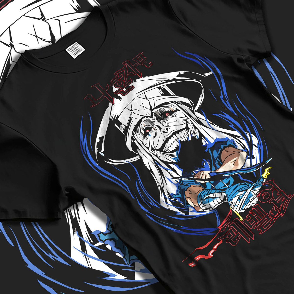 Black T-shirt laid flat with natural folds featuring Baruka Ice Elf Warlord dagger battle Solo Leveling artwork.