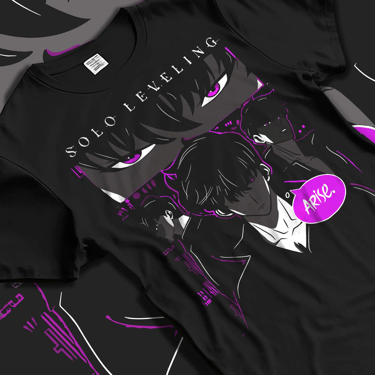 Black T-shirt laid flat with natural folds featuring Sung Jin-Woo Arise Shadow Monarch Solo Leveling artwork.