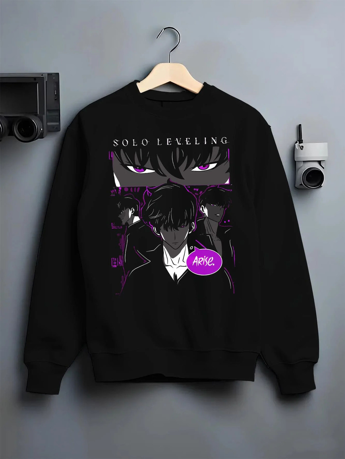 Black crewneck sweatshirt on hanger featuring Sung Jin-Woo Arise Shadow Monarch Solo Leveling artwork.