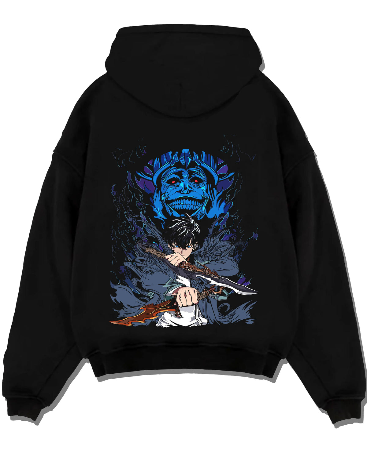 Black hoodie laid flat featuring Sung Jin-Woo Shadow Monarch sword Solo Leveling artwork.