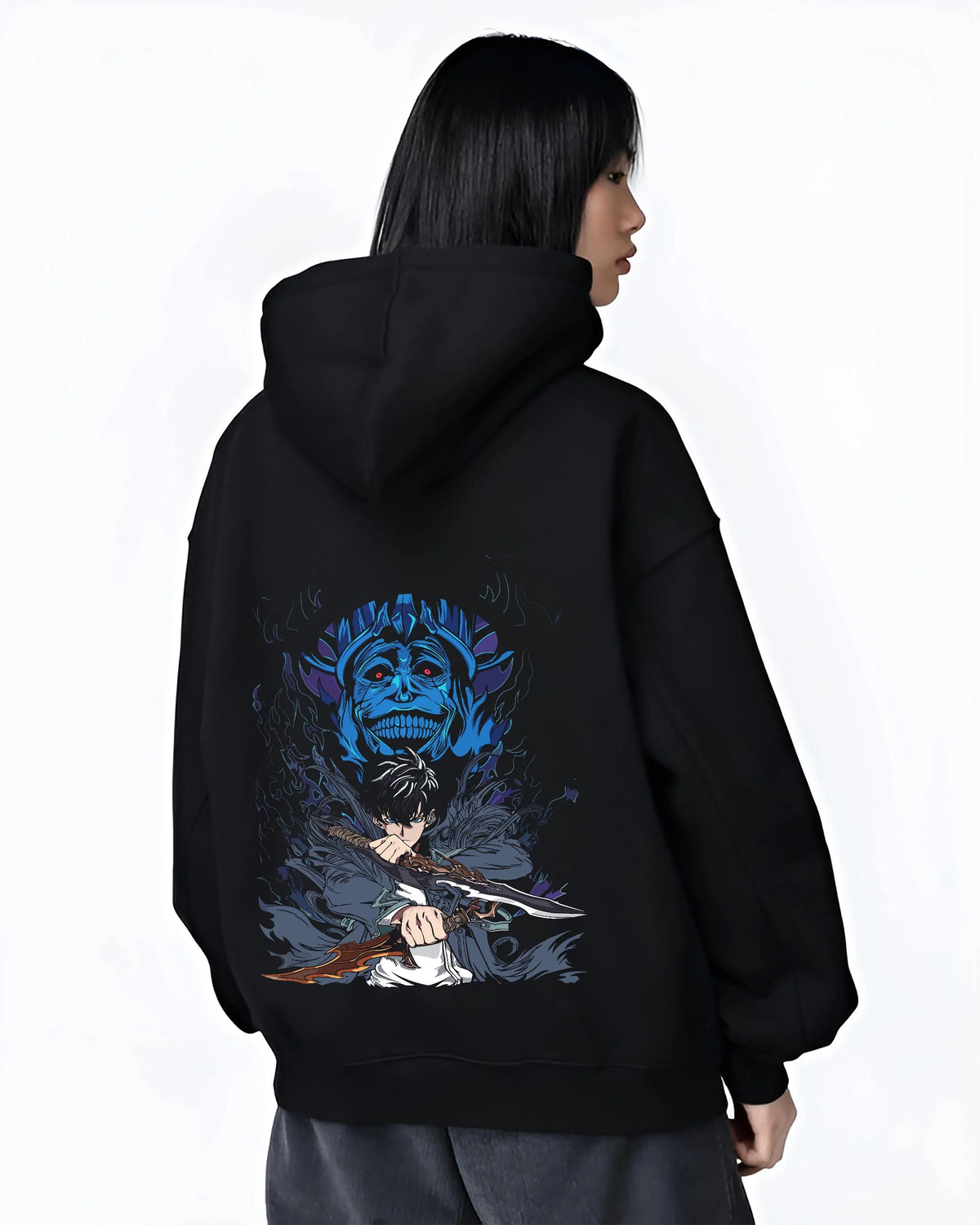 Black hoodie worn by female model from the back featuring Sung Jin-Woo Shadow Monarch sword Solo Leveling artwork.