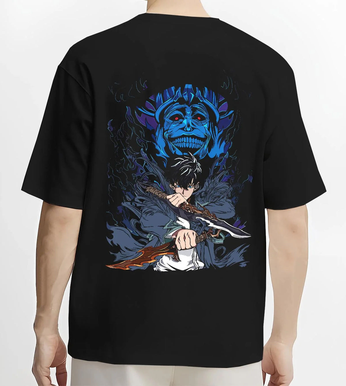 Black T-shirt worn by male model from the back featuring Sung Jin-Woo Shadow Monarch sword Solo Leveling artwork.