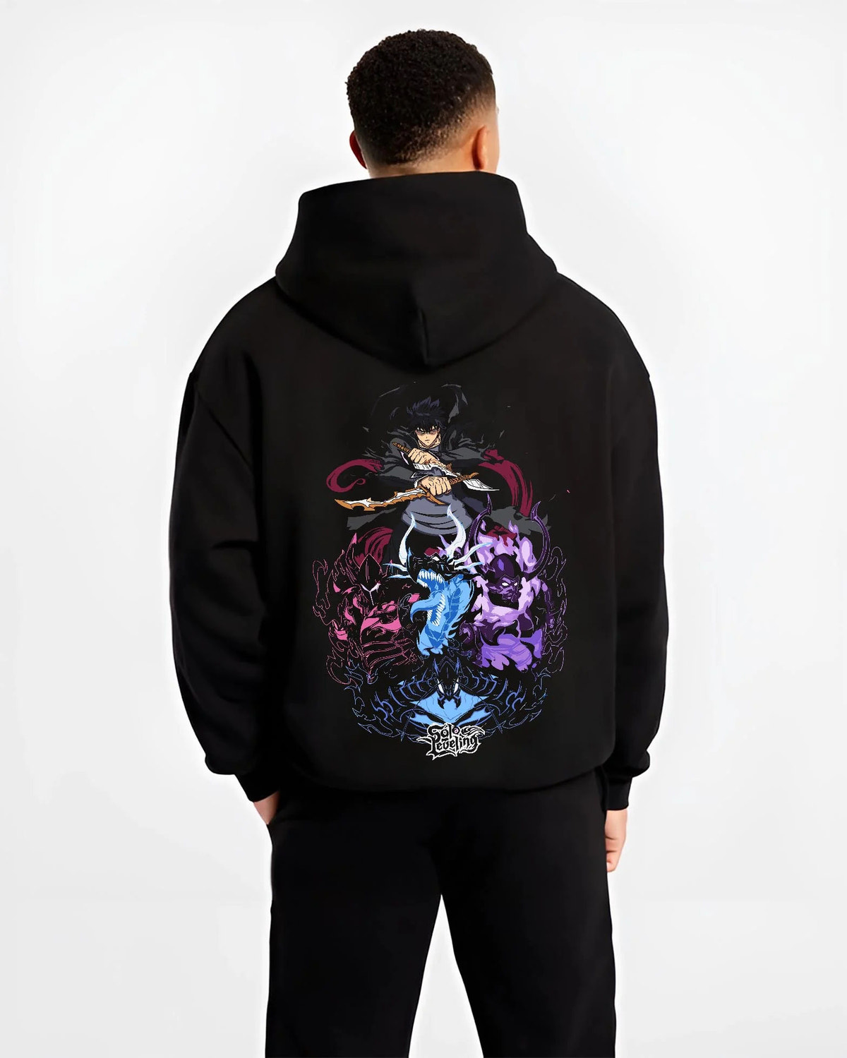 Black hoodie worn by male model from the back featuring Sung Jin-Woo Shadow Army battle Solo Leveling artwork.