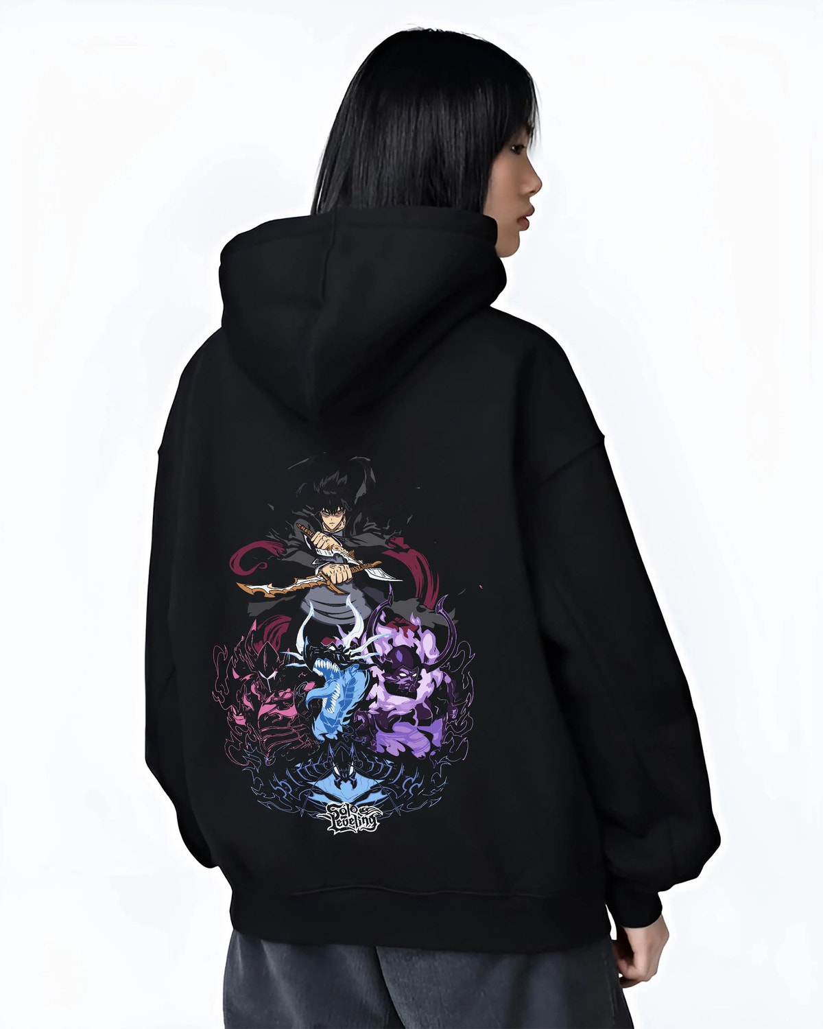 Black hoodie worn by female model from the back featuring Sung Jin-Woo Shadow Army battle Solo Leveling artwork.