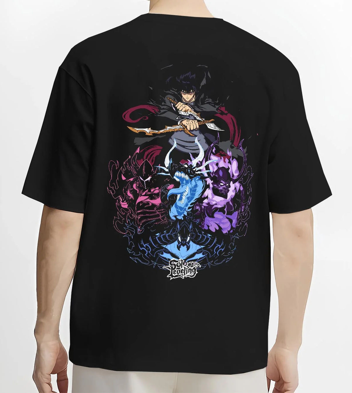 Black T-shirt worn by male model from the back featuring Sung Jin-Woo Shadow Army battle Solo Leveling artwork.