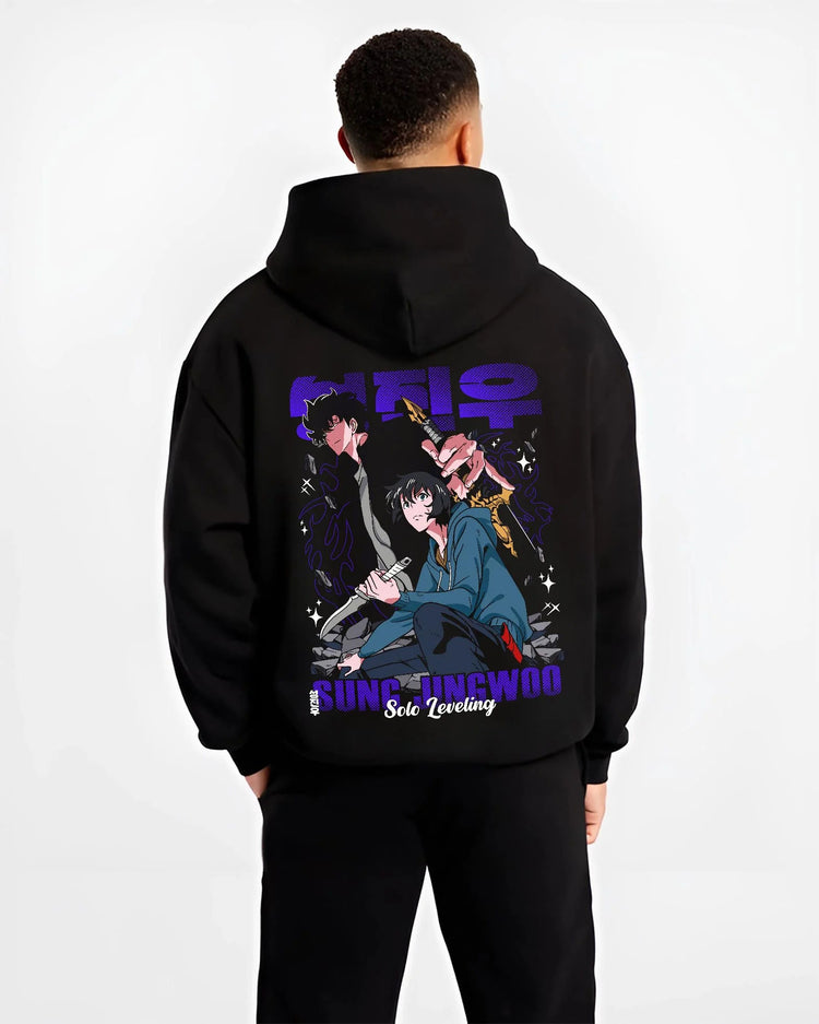 Black hoodie worn by male model from the back featuring Sung Jin-Woo hunter shadow portrait Solo Leveling artwork.
