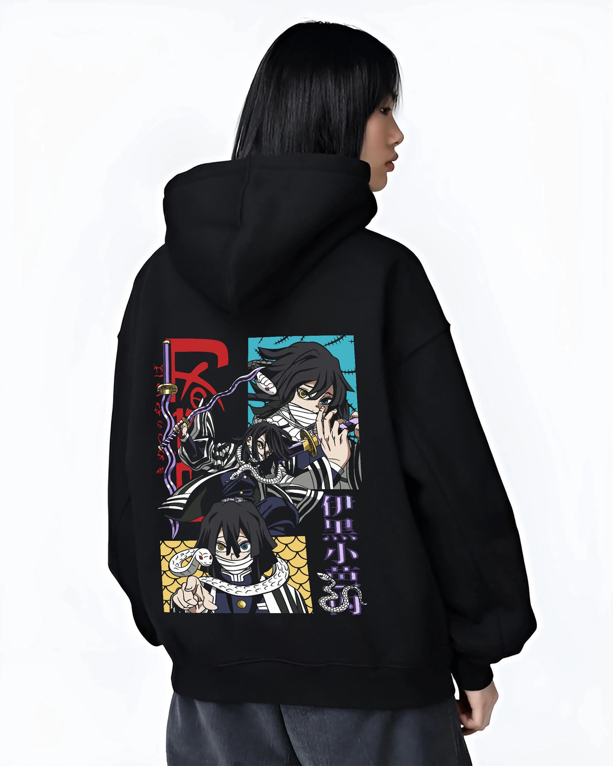 Black hoodie worn by female model from the back featuring Obanai Iguro Snake Pillar serpent Demon Slayer artwork.