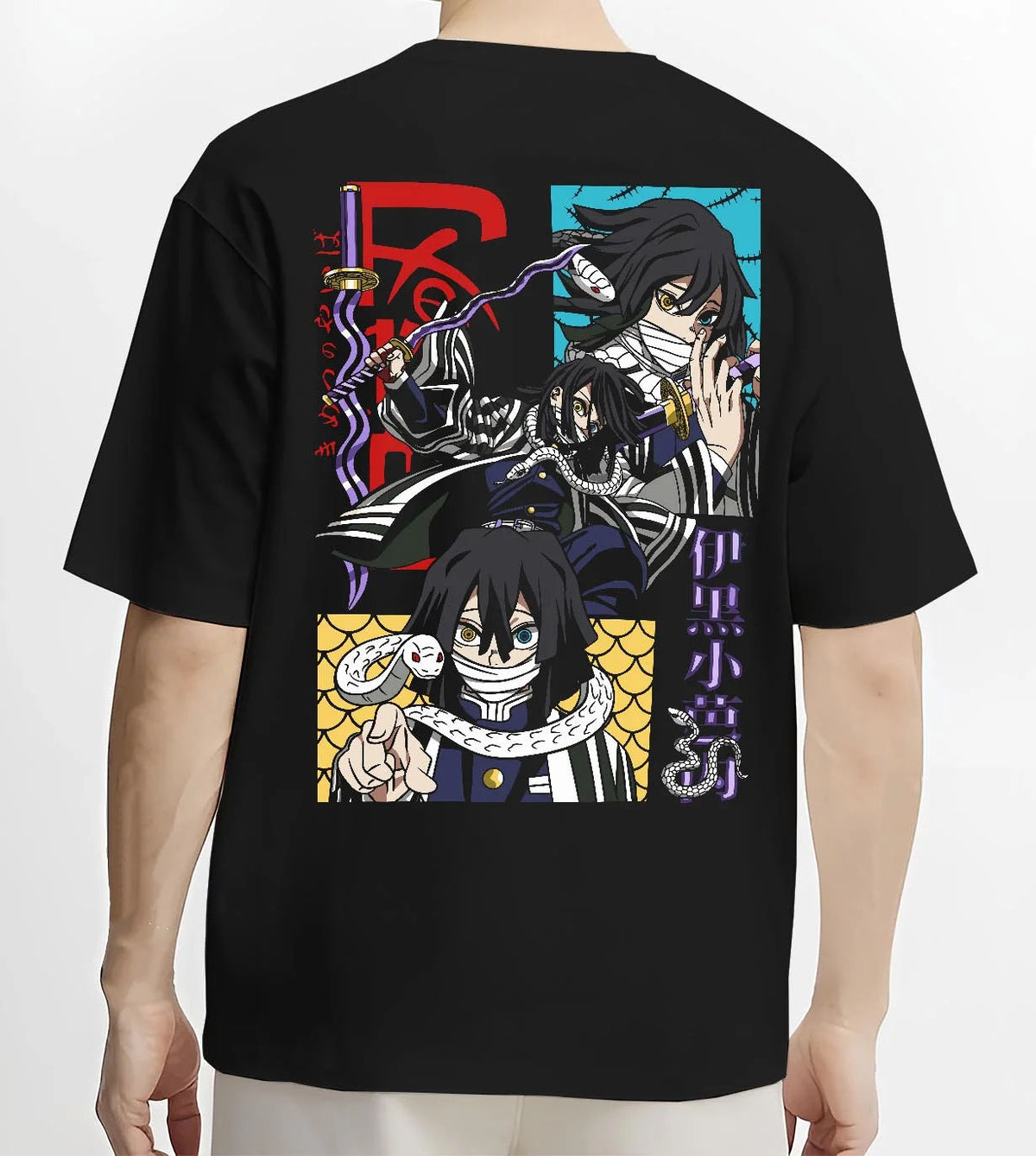 Black T-shirt worn by male model from the back featuring Obanai Iguro Snake Pillar serpent Demon Slayer artwork.