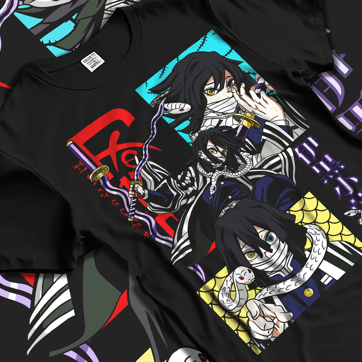 Black T-shirt laid flat with natural folds featuring Obanai Iguro Snake Pillar serpent Demon Slayer artwork.