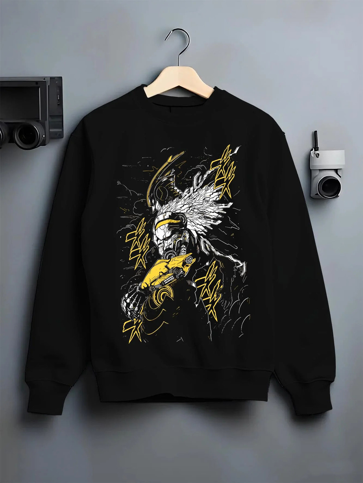 Black crewneck sweatshirt on hanger featuring Cygnus Hyoga Swan Cloth Cosmos Saint Seiya artwork.