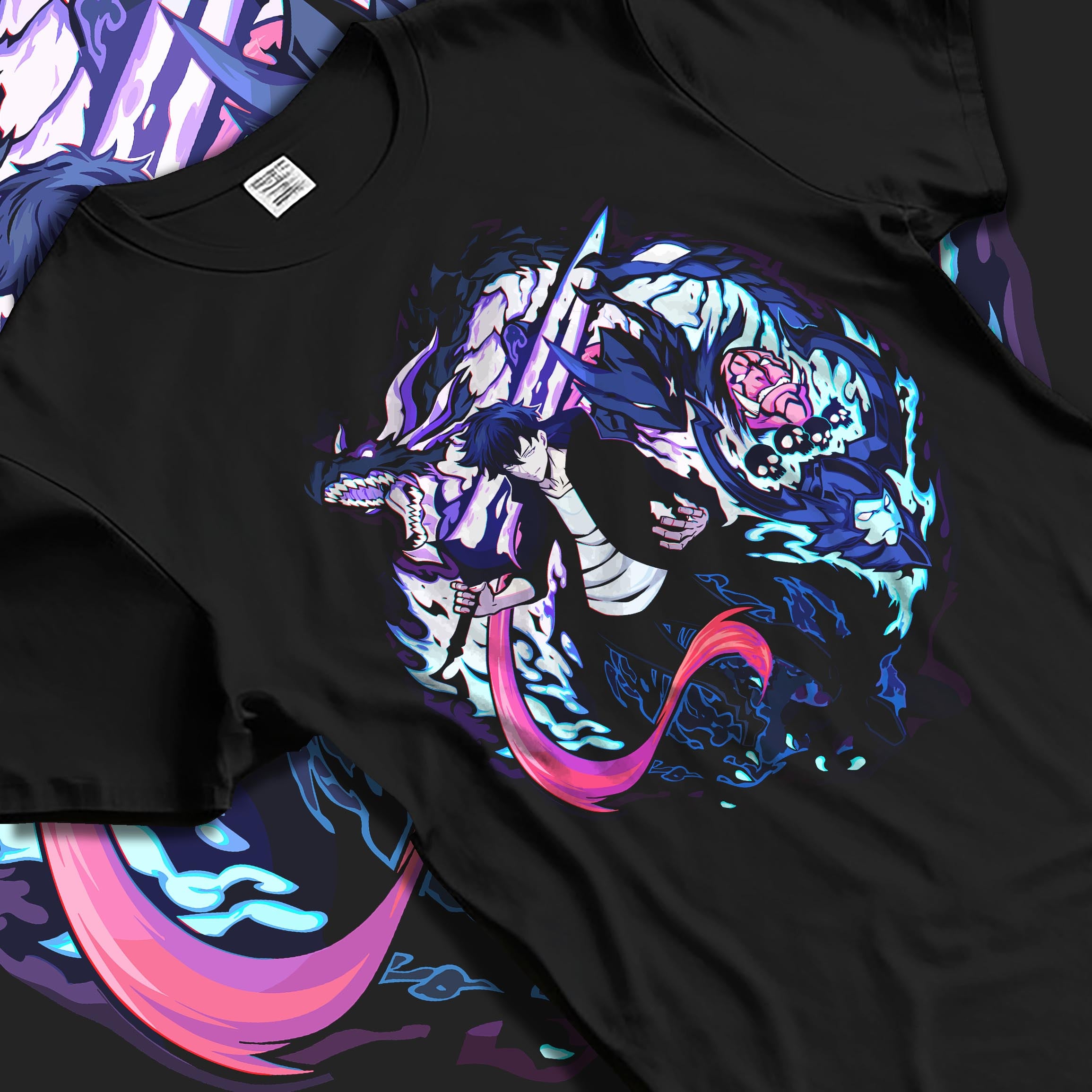 Black T-shirt laid flat with natural fabric folds, featuring Jinwoo Sung anime poster inspired artwork with glowing sword and shadow dragon retro tones.