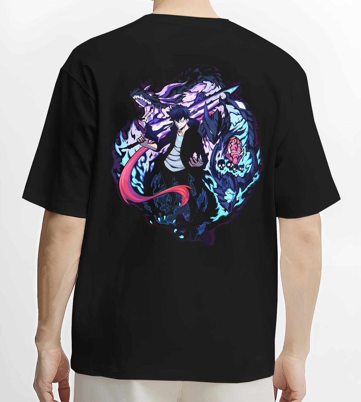 Black T-shirt worn by a male model, back view, featuring Jinwoo Sung Japanese animation streetwear artwork with neon shadow dragon and sword graphic.