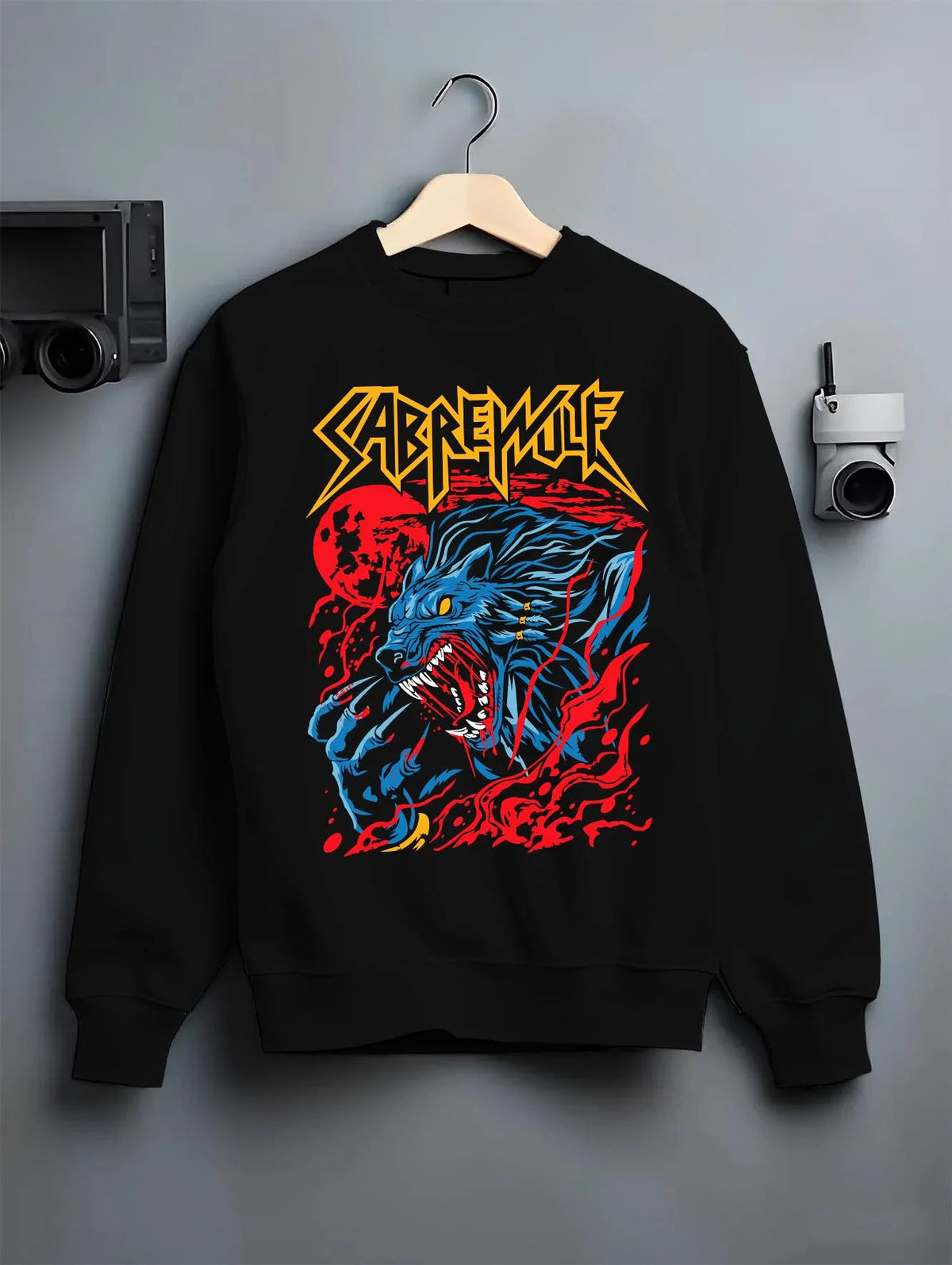 Black crewneck sweatshirt on hanger featuring Sabrewulf feral wolf fighter Killer Instinct artwork.