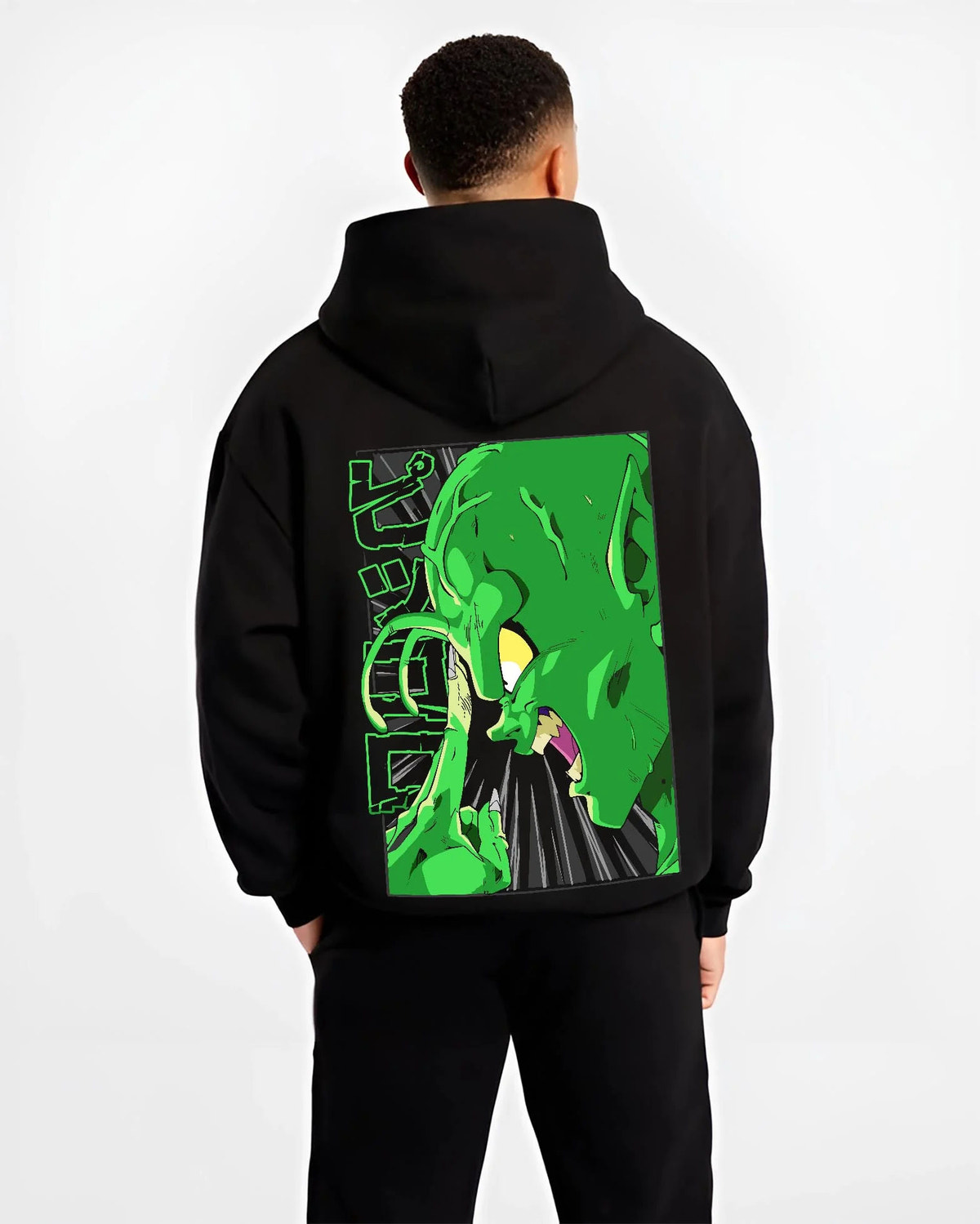 Black hoodie worn by male model from the back featuring Piccolo Special Beam Cannon Dragon Ball Z artwork.