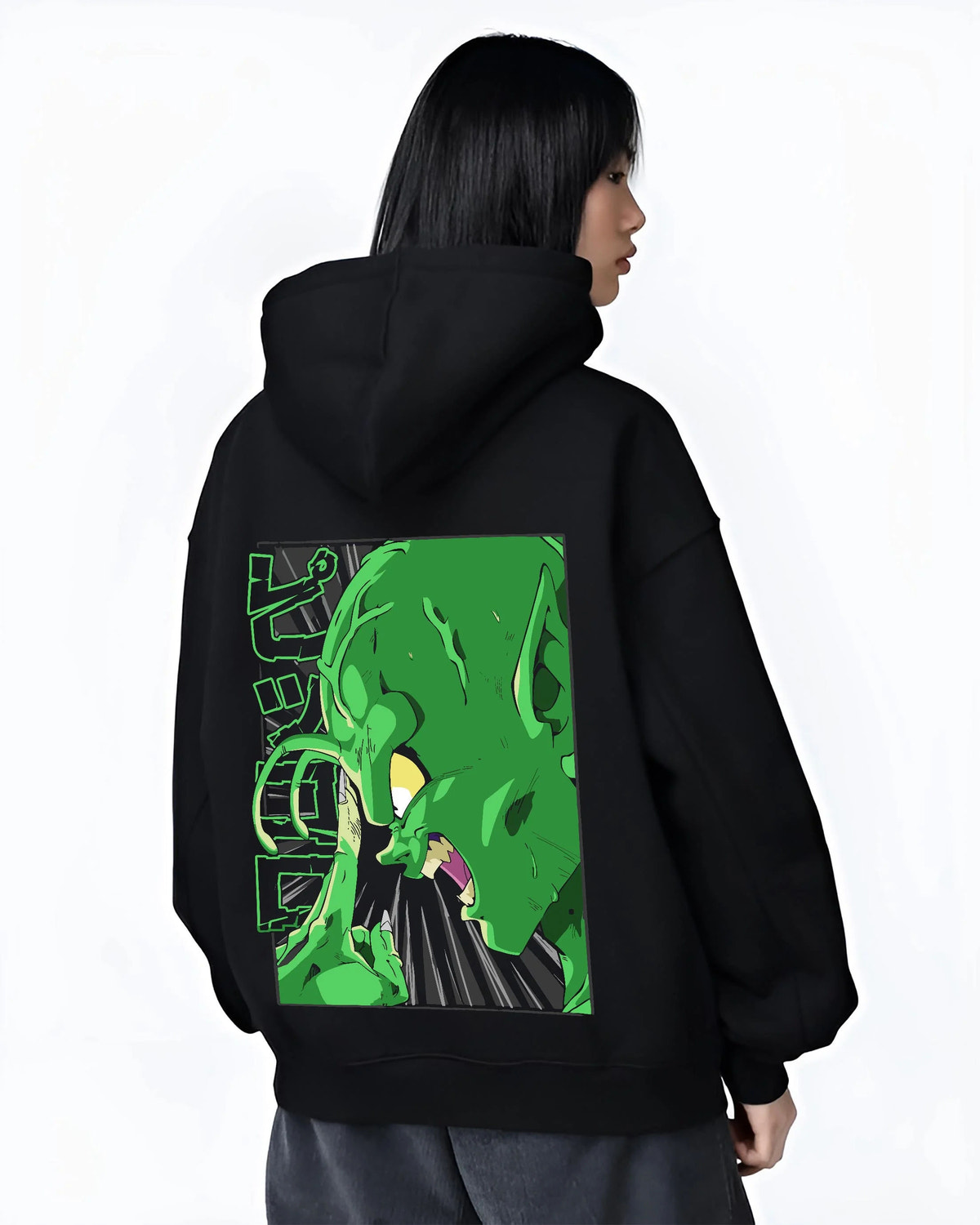 Black hoodie worn by female model from the back featuring Piccolo Special Beam Cannon Dragon Ball Z artwork.