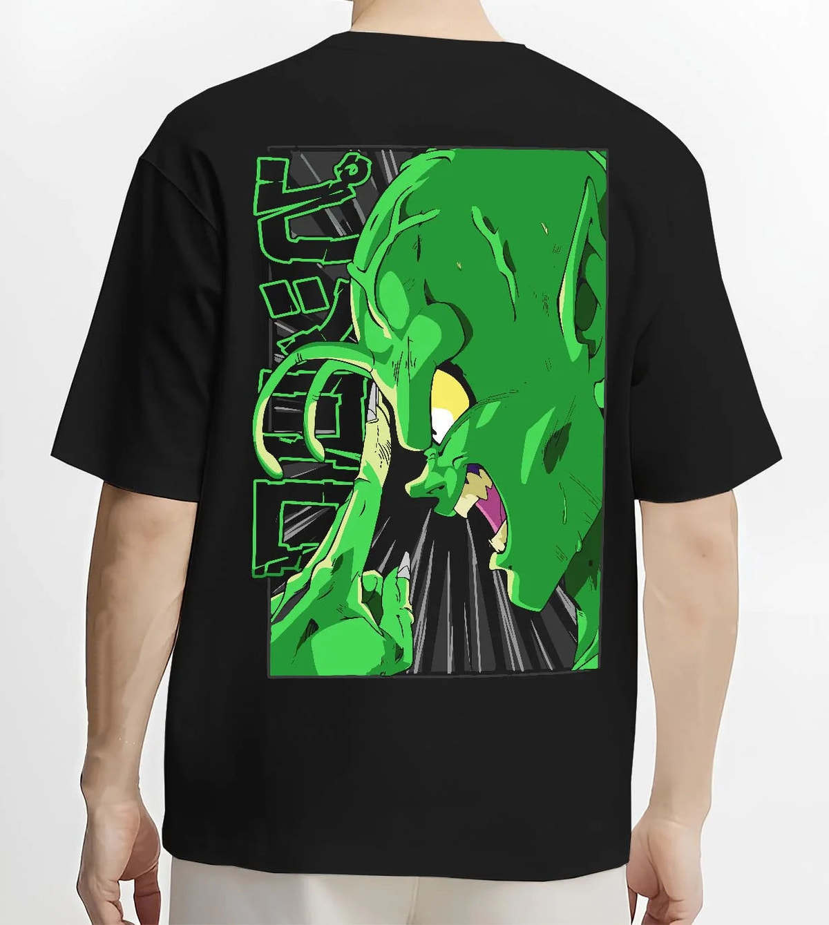 Black T-shirt worn by male model from the back featuring Piccolo Special Beam Cannon Dragon Ball Z artwork.