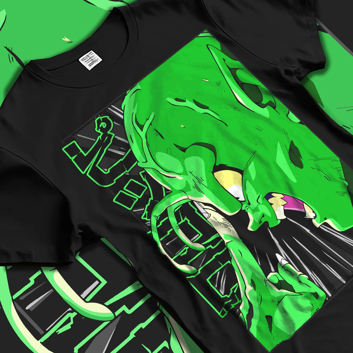 Black T-shirt laid flat with natural folds featuring Piccolo Special Beam Cannon Dragon Ball Z artwork.