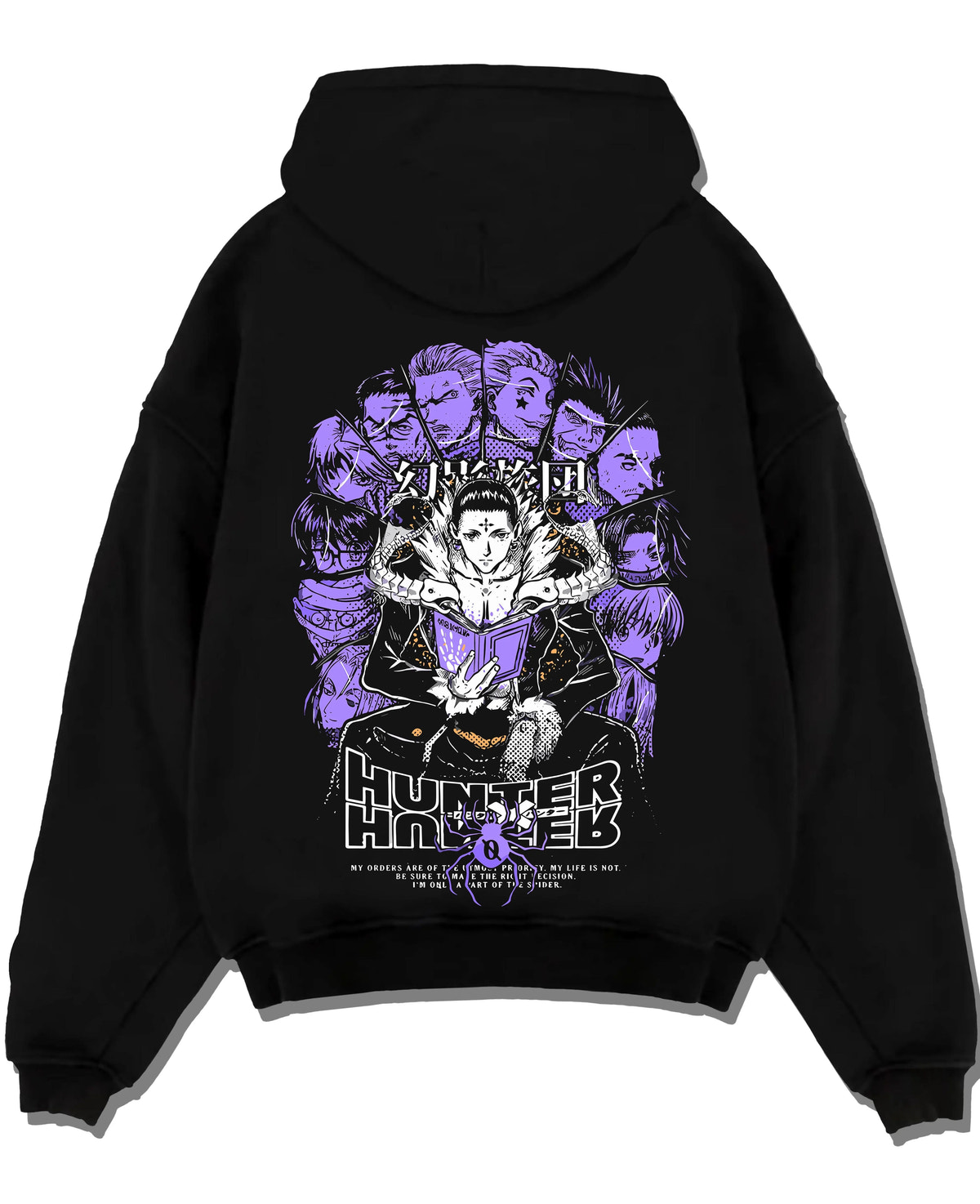 Black hoodie laid flat featuring Chrollo Lucilfer Phantom Troupe Hunter x Hunter artwork.
