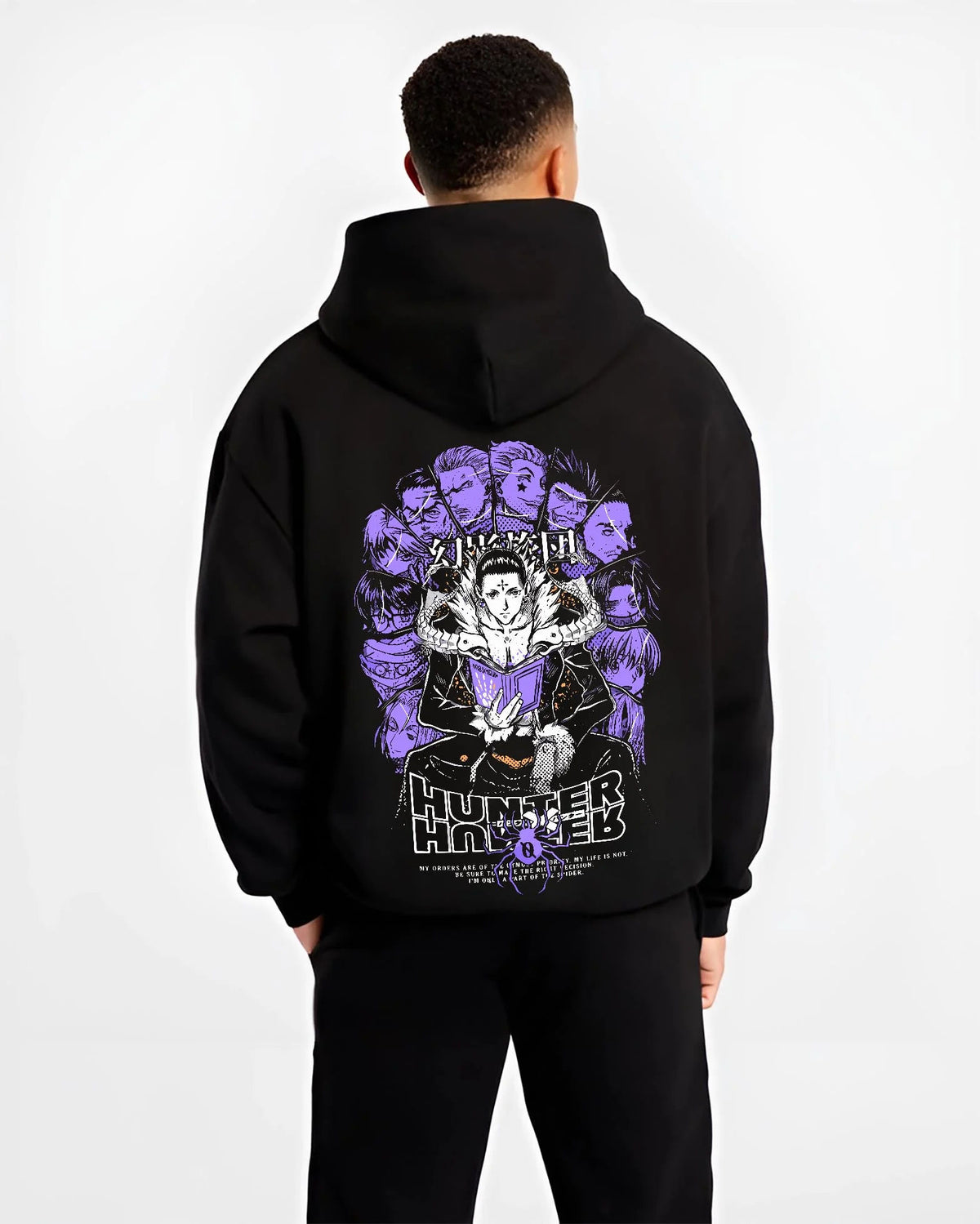 Black hoodie worn by male model from the back featuring Chrollo Lucilfer Phantom Troupe Hunter x Hunter artwork.