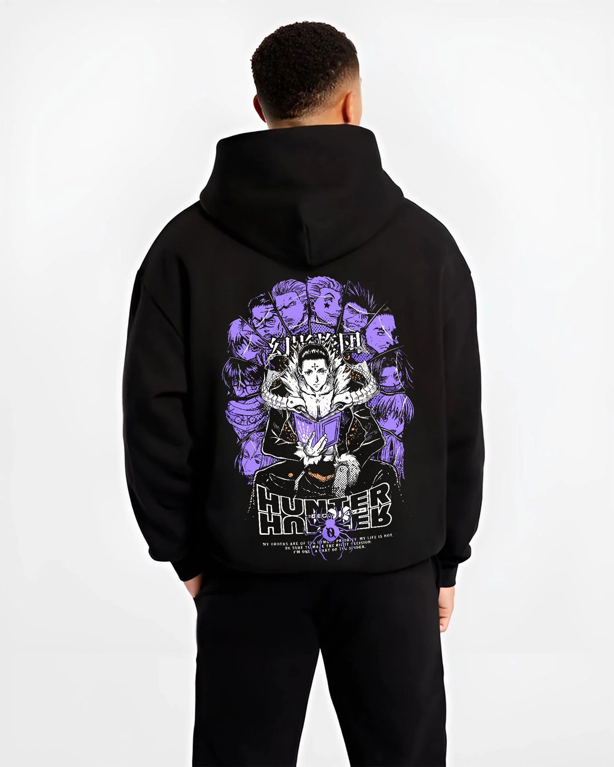 Black hoodie worn by male model from the back featuring Chrollo Lucilfer Phantom Troupe Hunter x Hunter artwork.